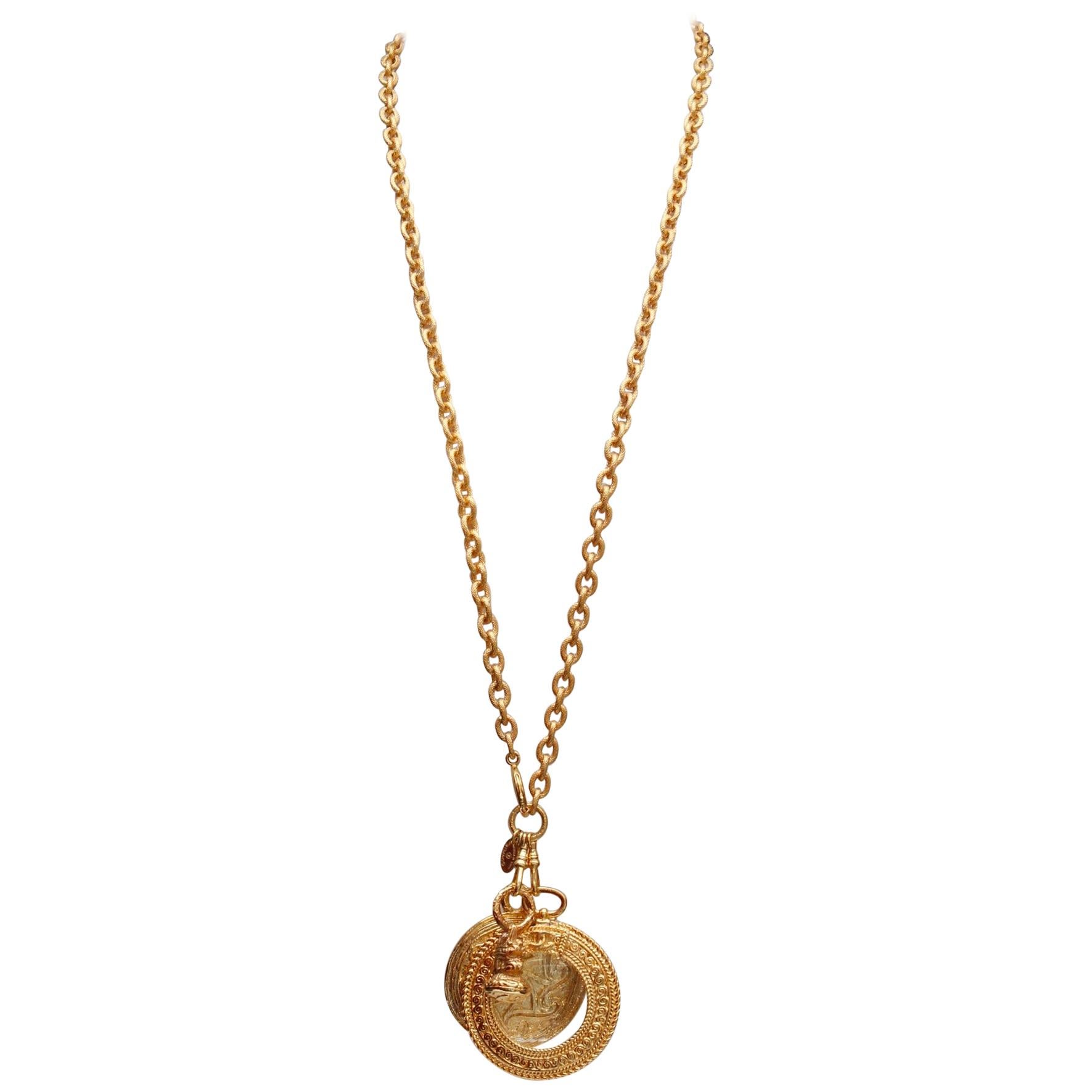 CHANEL 1990s Gilted metal chain necklace with magnifying glass and coin pendant For Sale