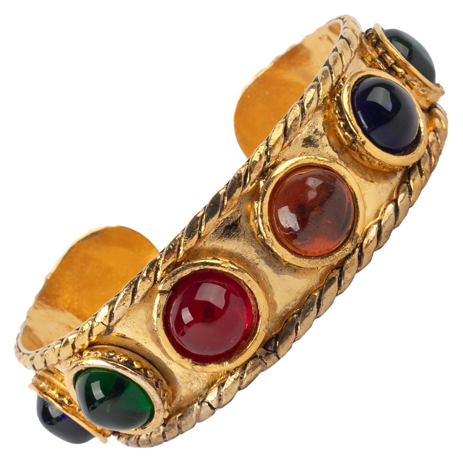 Chanel 1990s Gold Metal Rigid Bracelet with Glass Cabochons