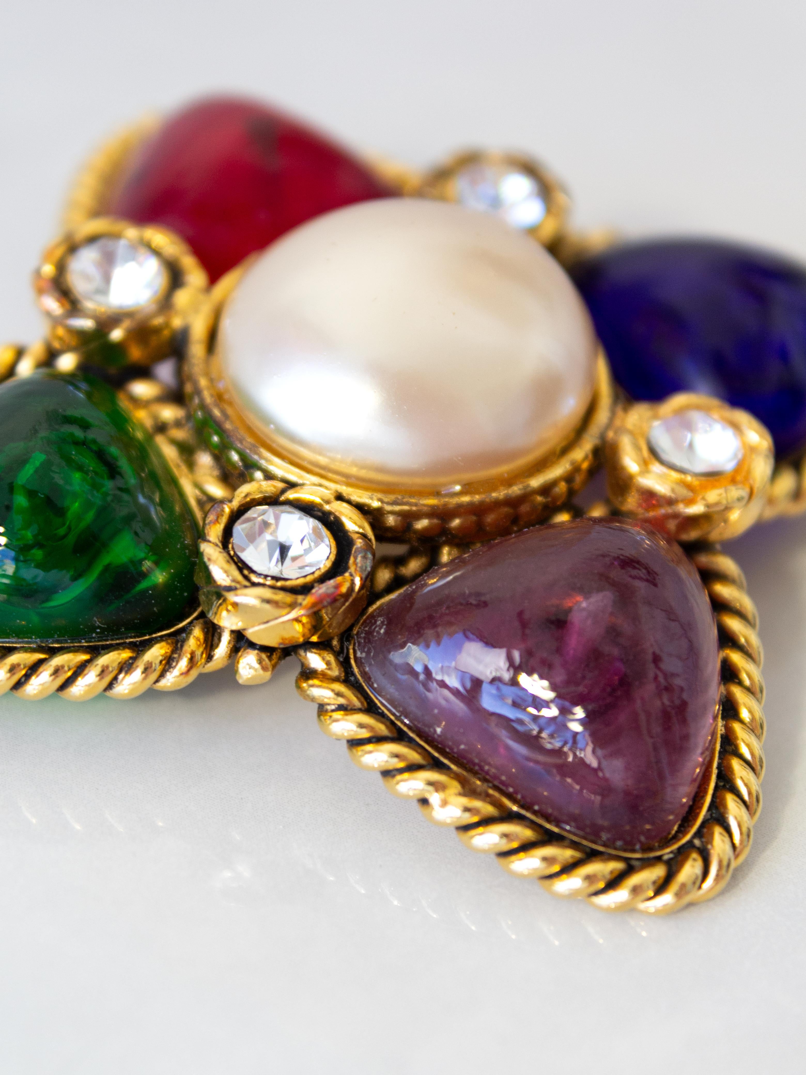 Women's Chanel 1990s Gold Plated Gripoix Glass Pearl Multicolor Collection 23 Brooch For Sale