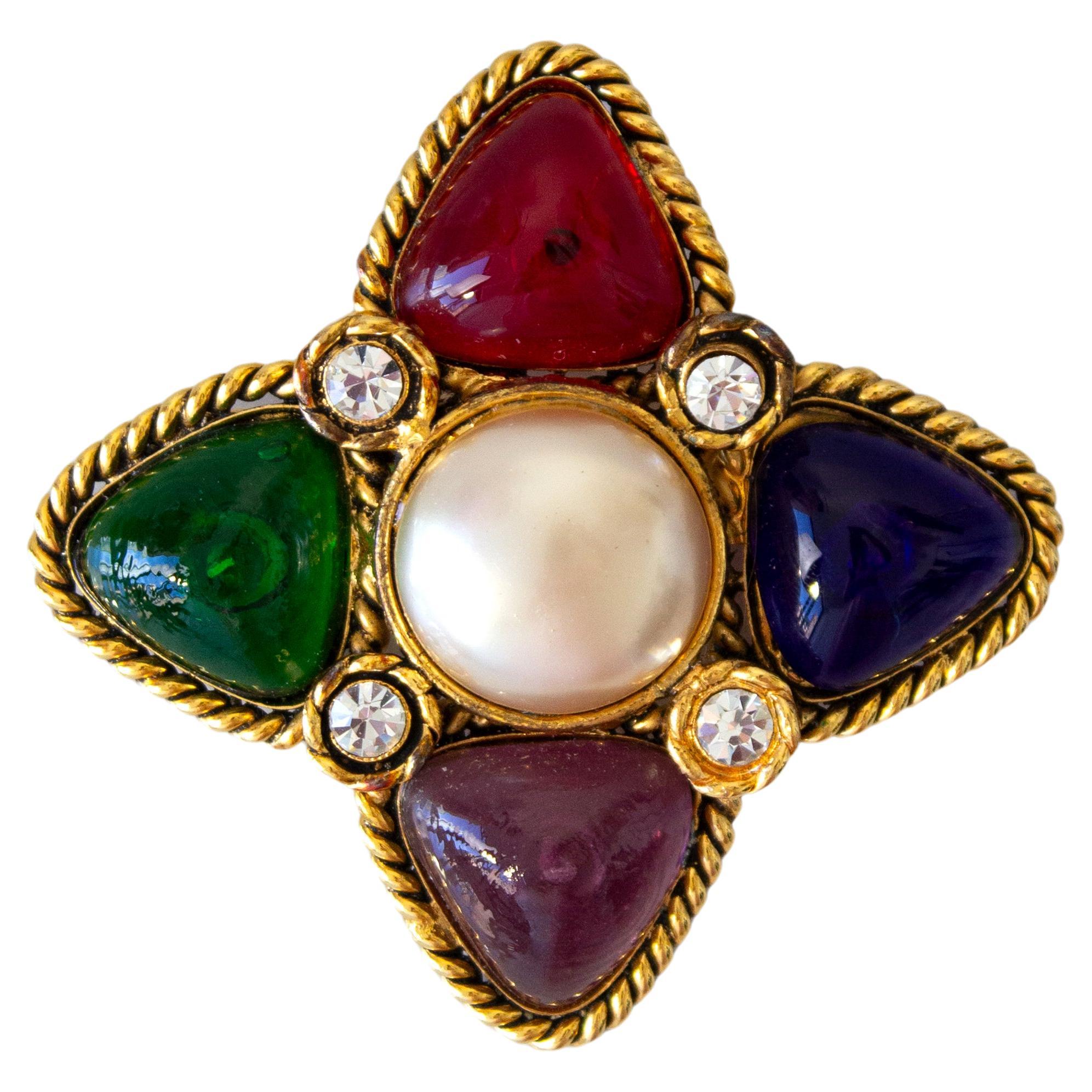 Chanel 1990s Gold Plated Gripoix Glass Pearl Multicolor Collection 23 Brooch For Sale