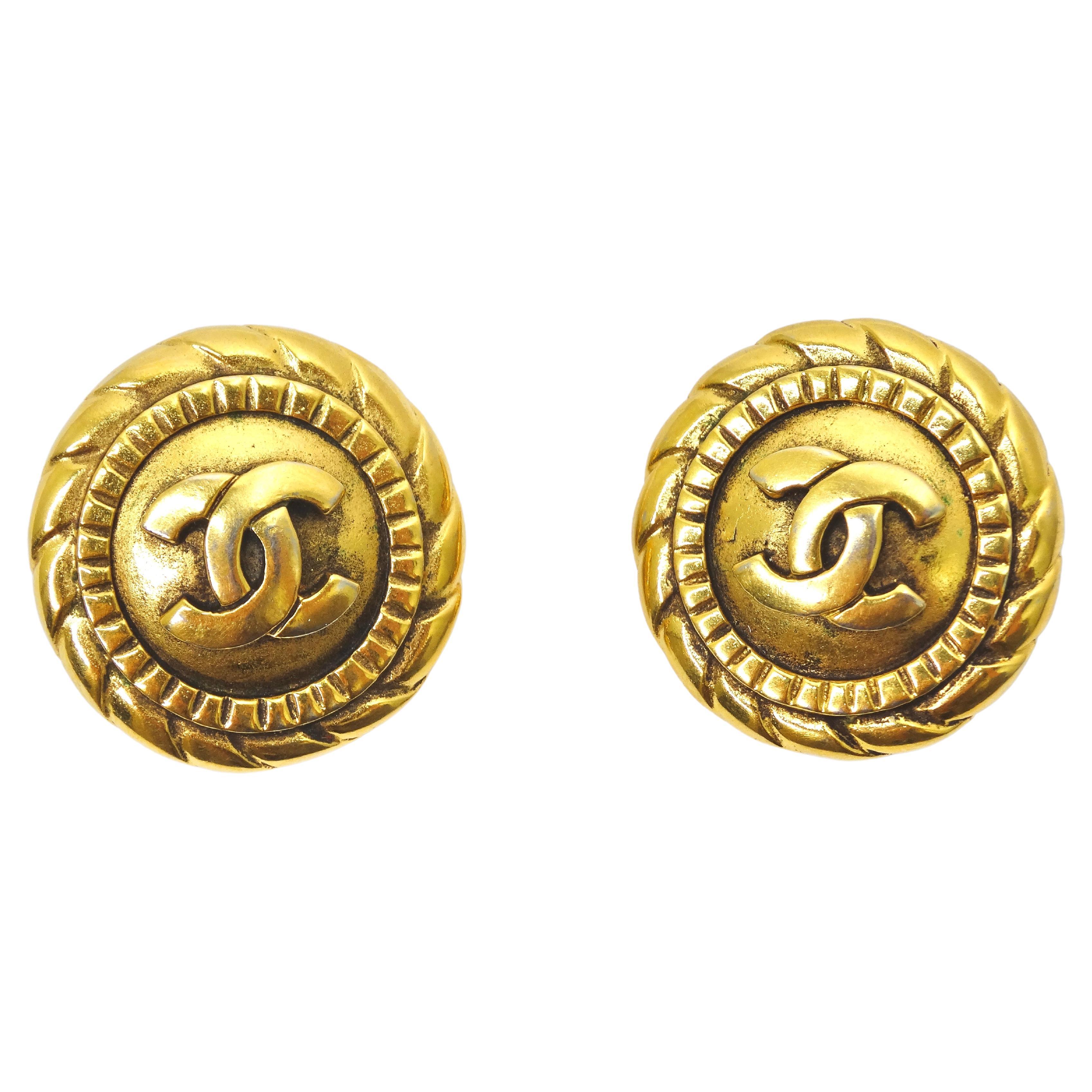 Chanel 1990's Gold Textured CC Round Earrings For Sale