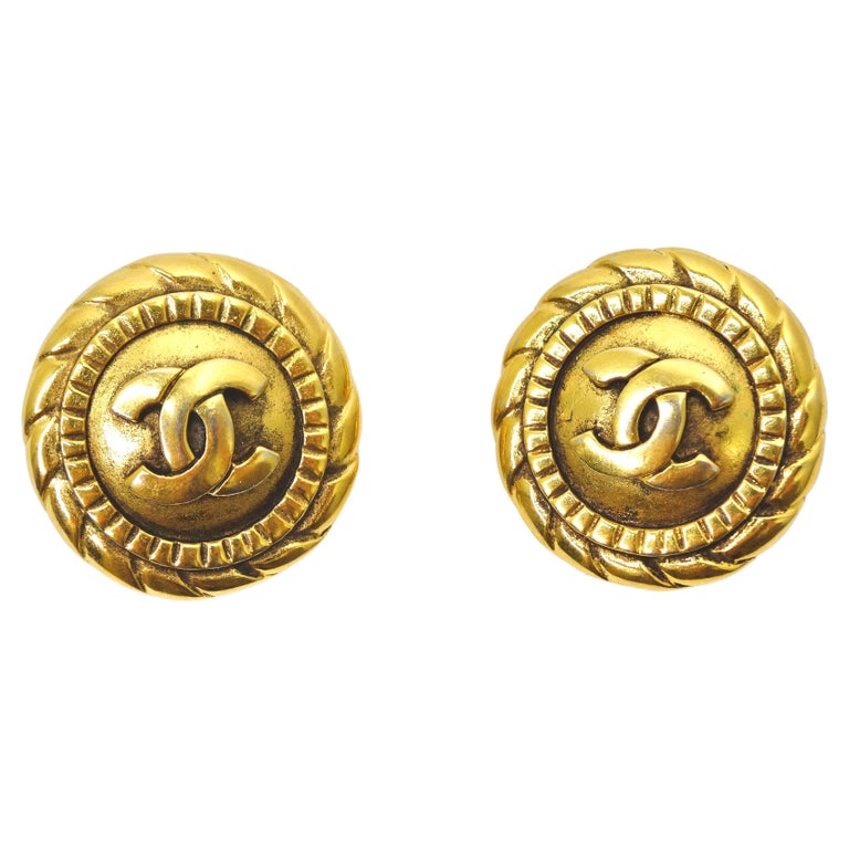 Chanel 1990's Gold Textured CC Round Earrings For Sale at 1stDibs