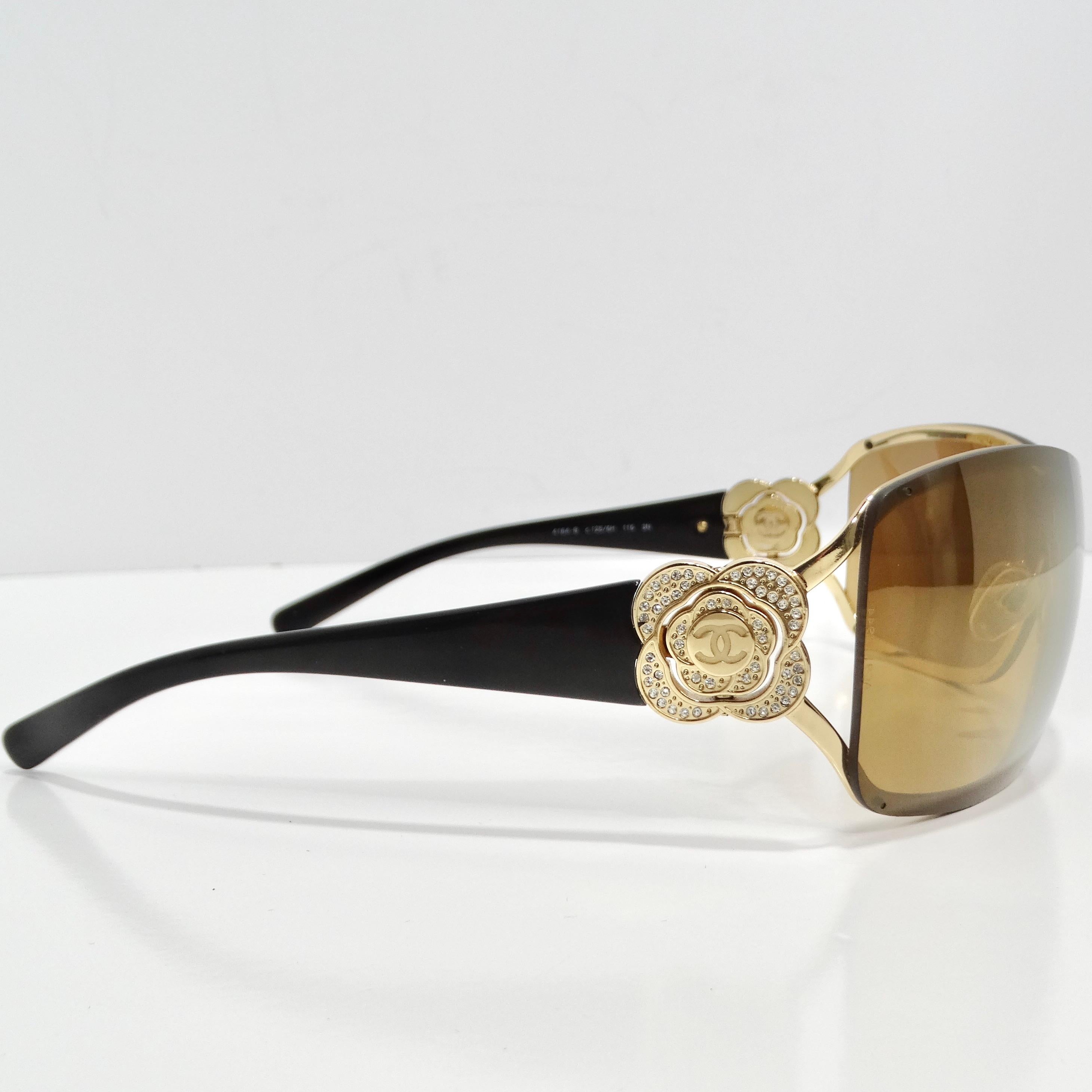 Chanel 1990s Gold Tone Camelia Shield Sunglasses In Good Condition For Sale In Scottsdale, AZ