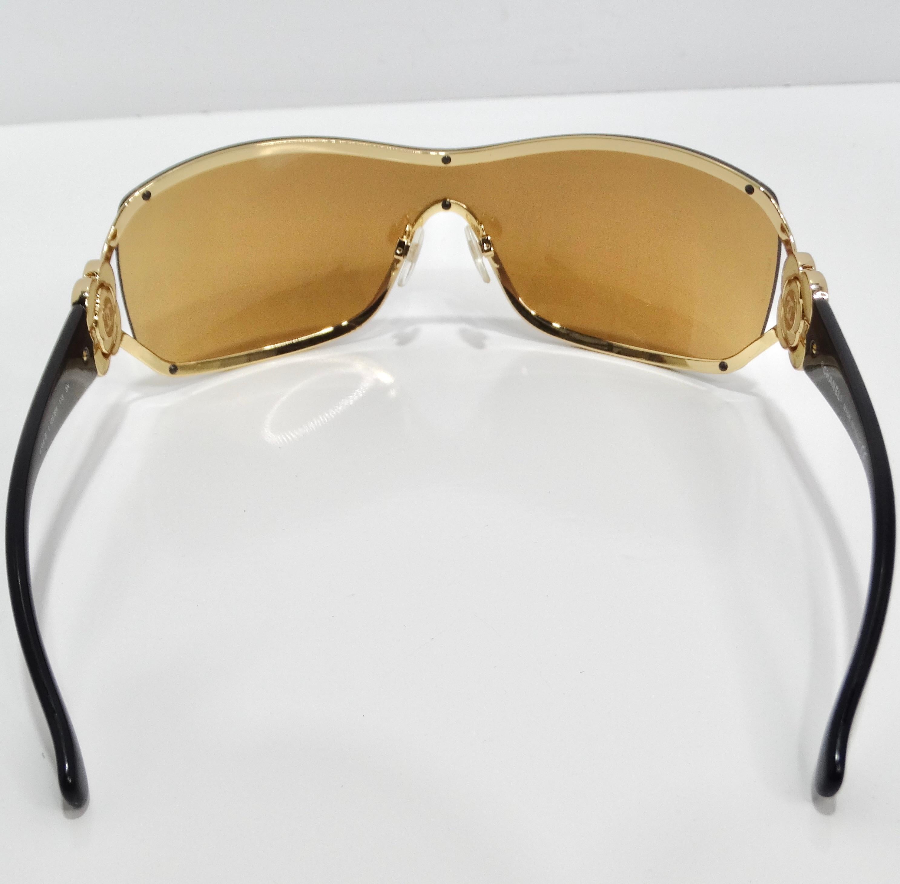 Chanel 1990s Gold Tone Camelia Shield Sunglasses For Sale 1