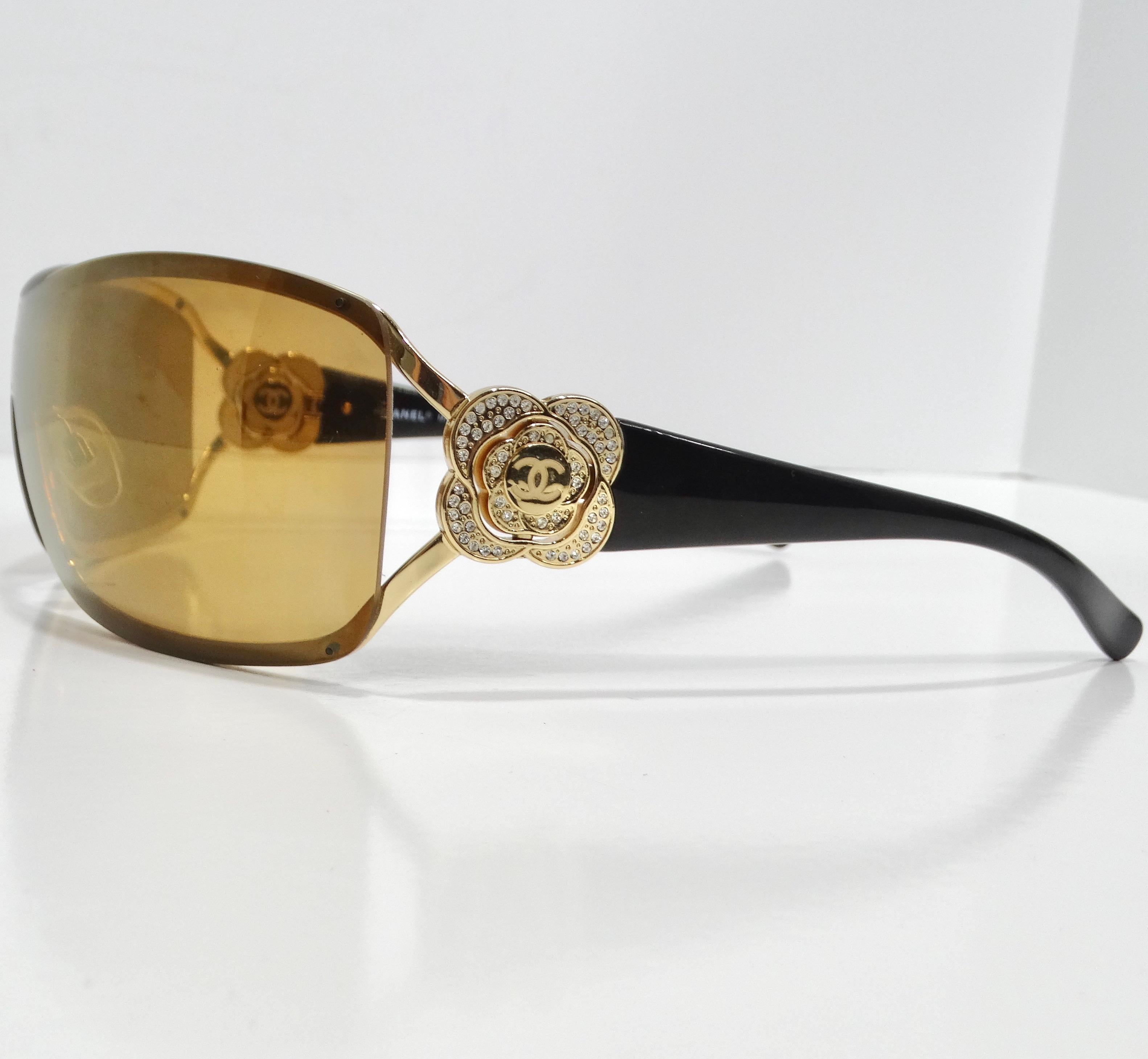 Chanel 1990s Gold Tone Camelia Shield Sunglasses For Sale 2