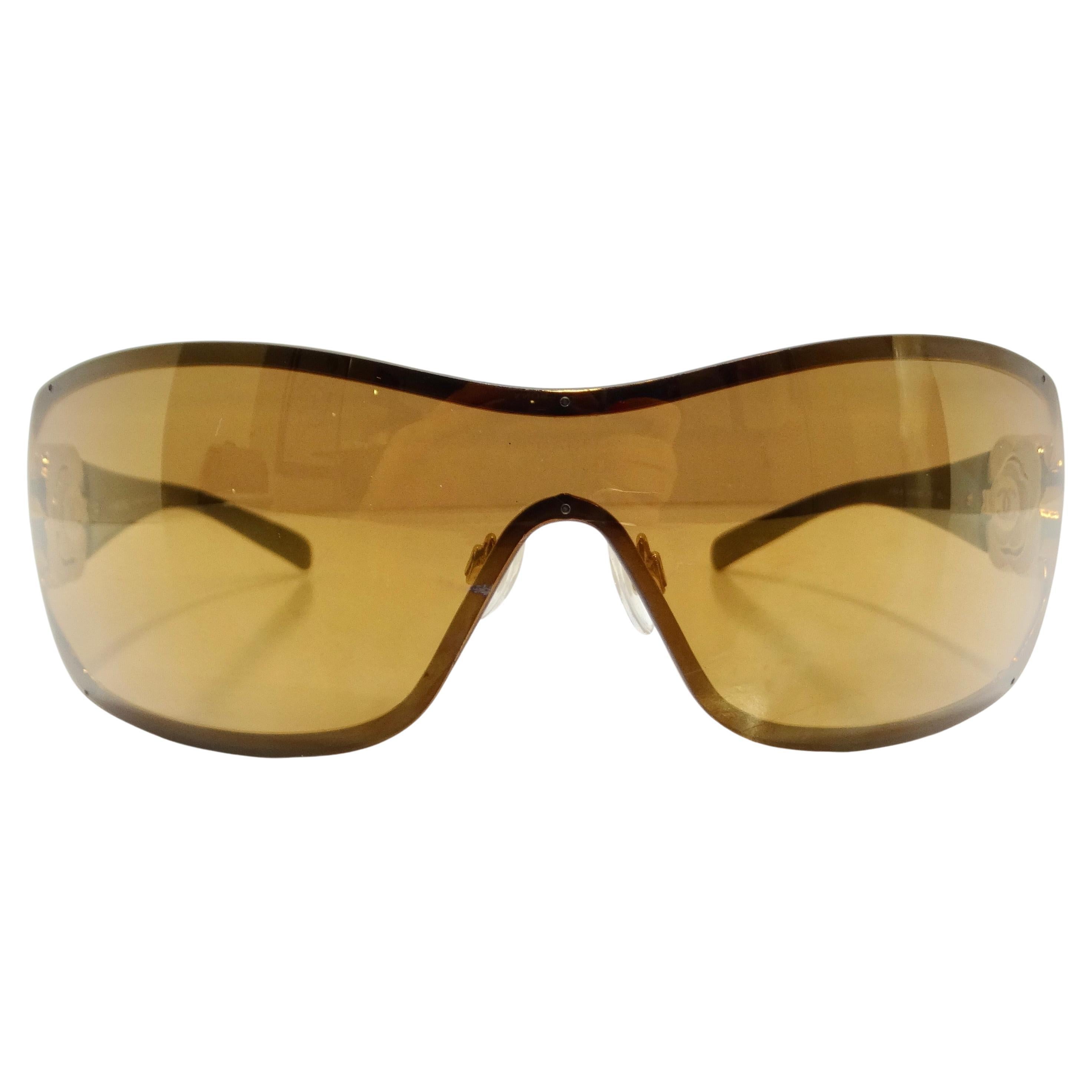 Chanel 1990s Gold Tone Camelia Shield Sunglasses For Sale