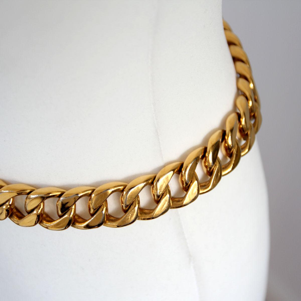 CHANEL 1990s Gold Toned Jumbo Chain Belt / Necklace With Chanel Plaque 8