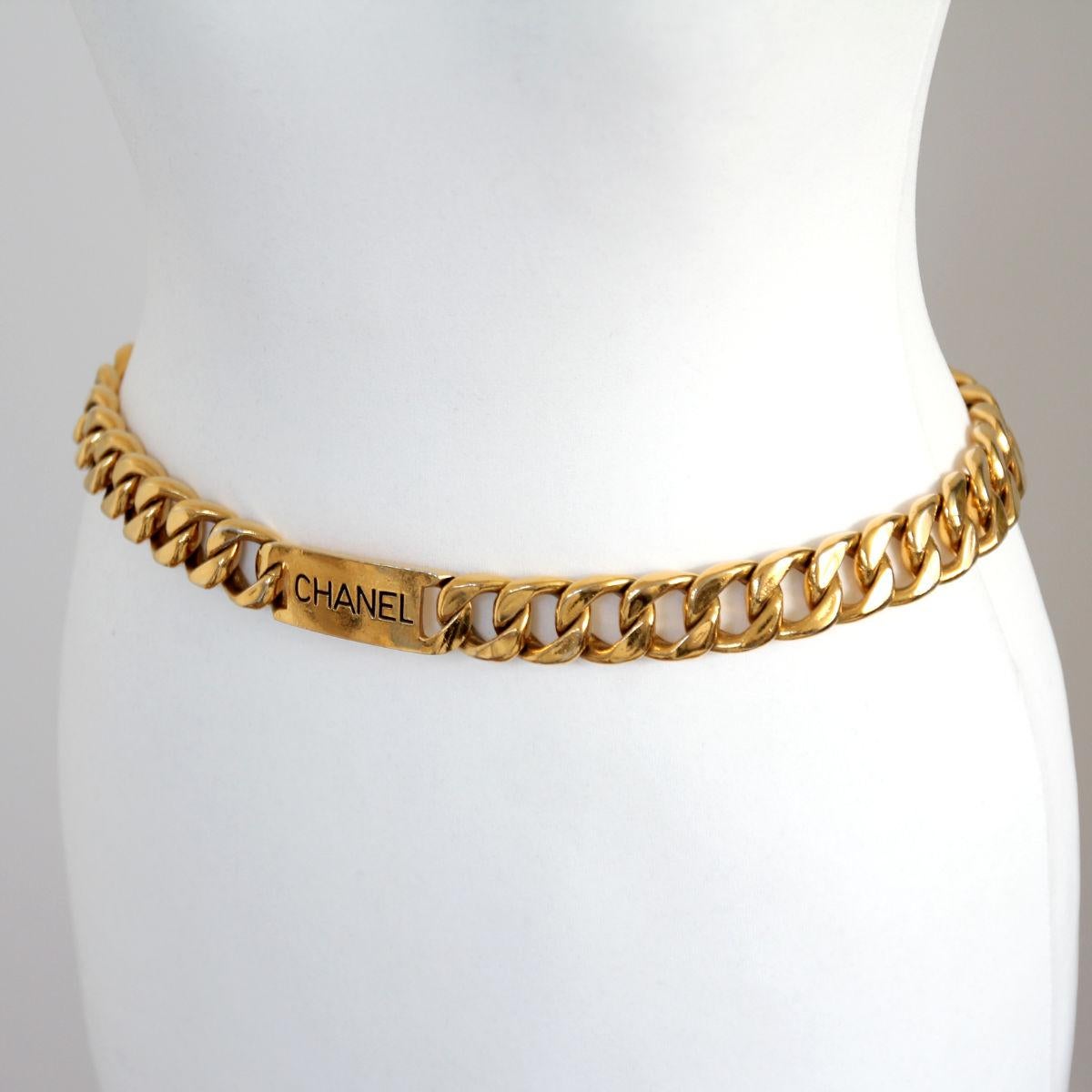 CHANEL 1990s Gold Toned Jumbo Chain Belt / Necklace With Chanel Plaque 1