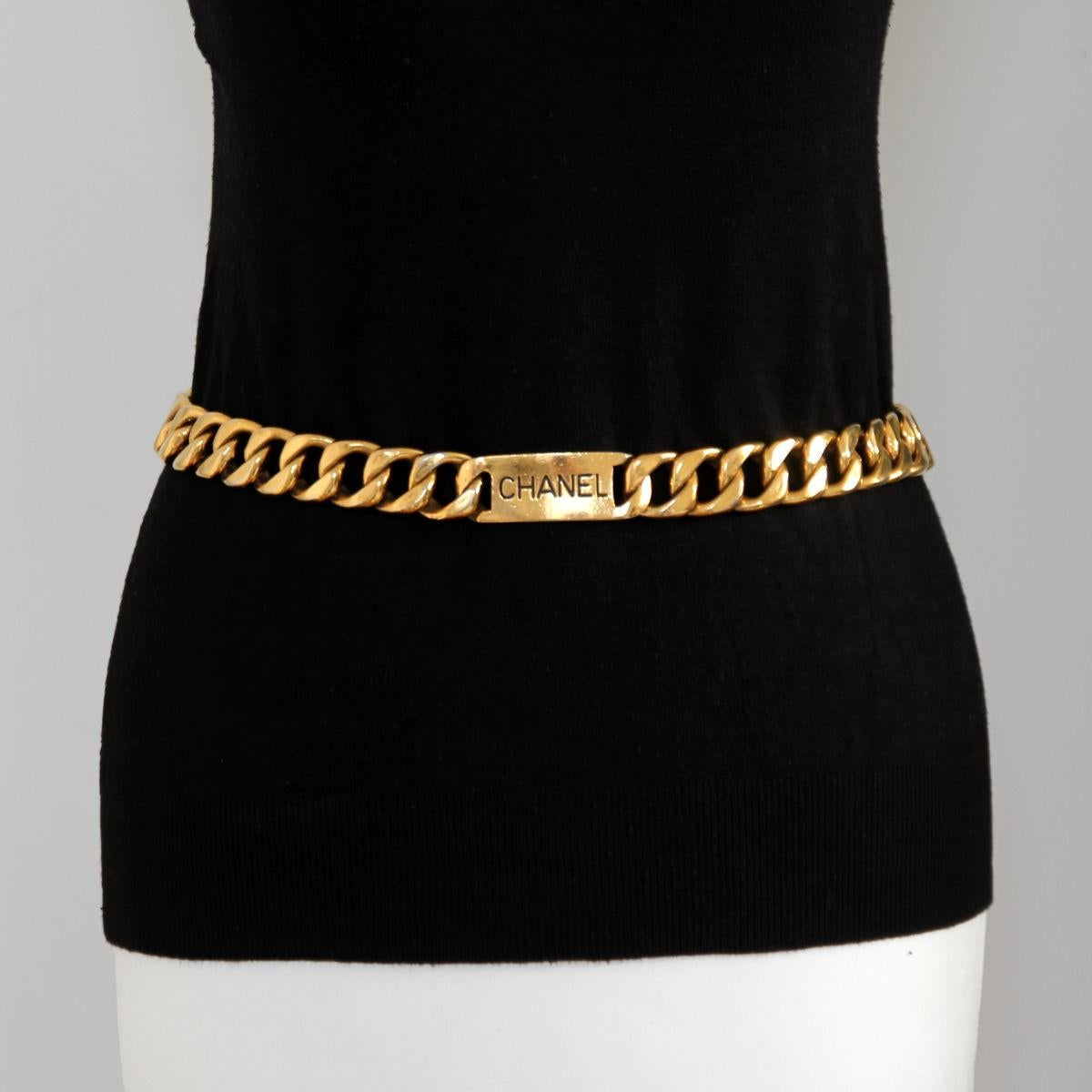 CHANEL 1990s Gold Toned Jumbo Chain Belt / Necklace With Chanel Plaque 3