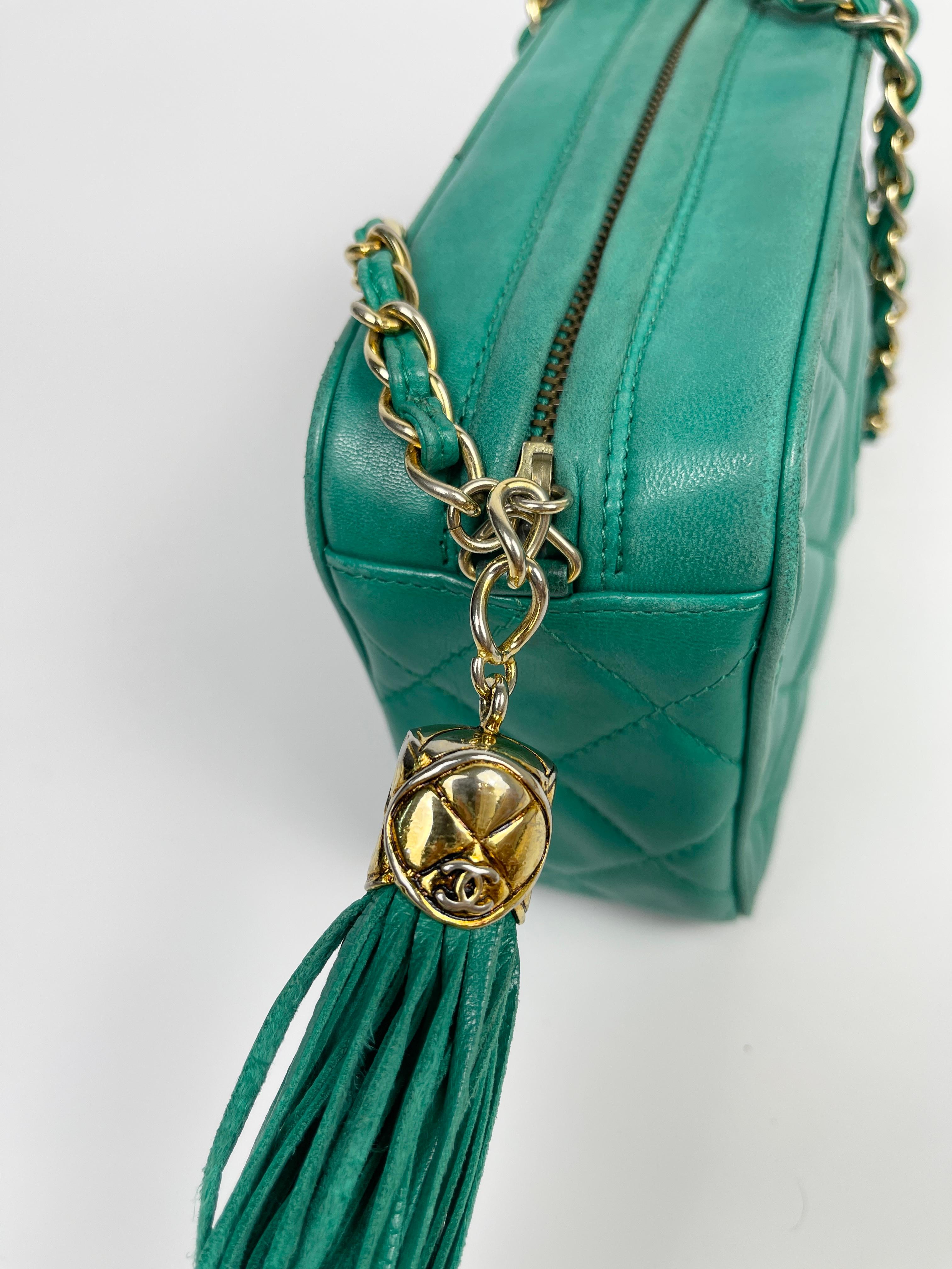 Chanel 1990's Green Lambskin Tassel Caviar CC Pocket Camera Bag 12