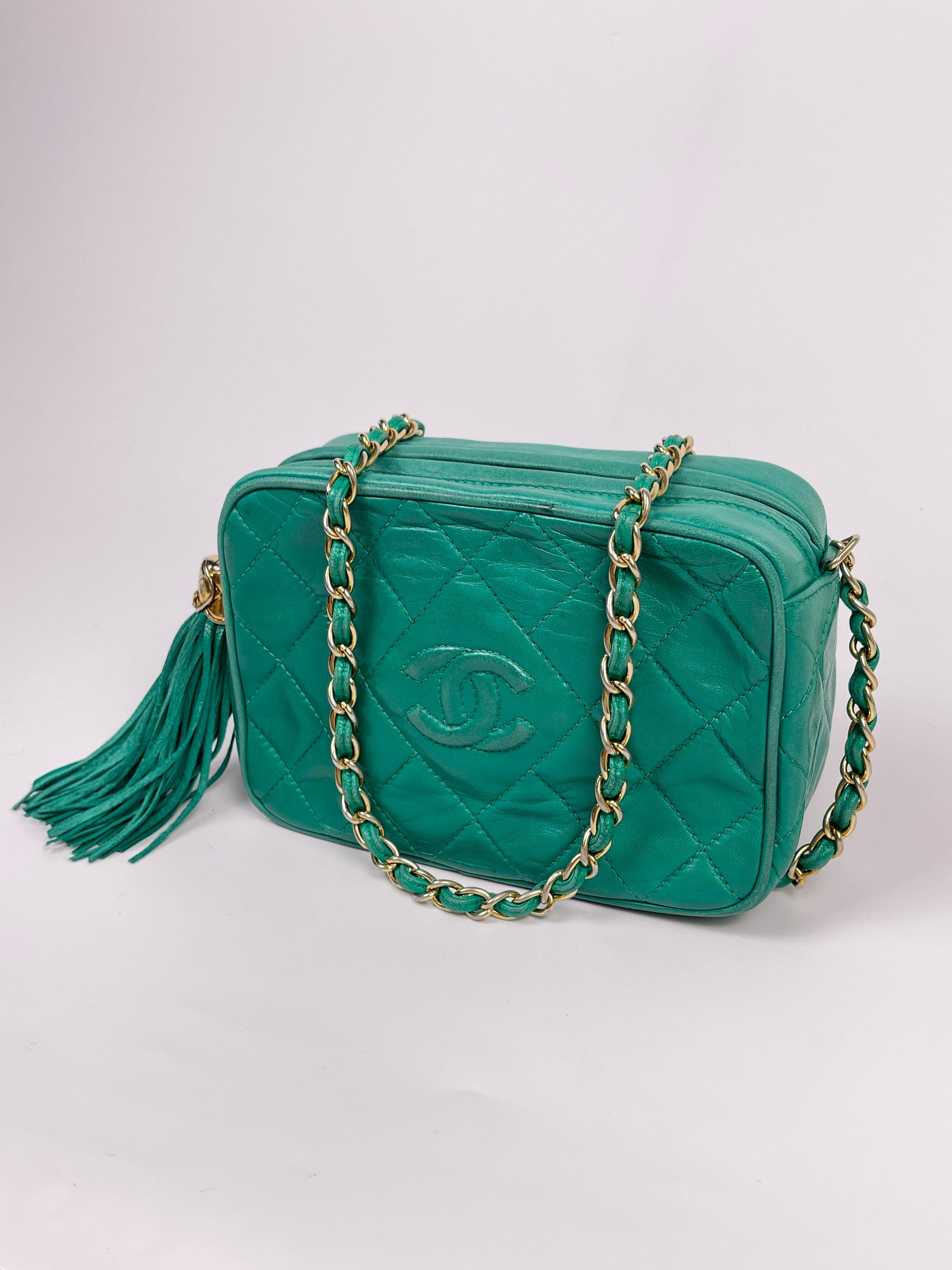 Women's or Men's Chanel 1990's Green Lambskin Tassel Caviar CC Pocket Camera Bag