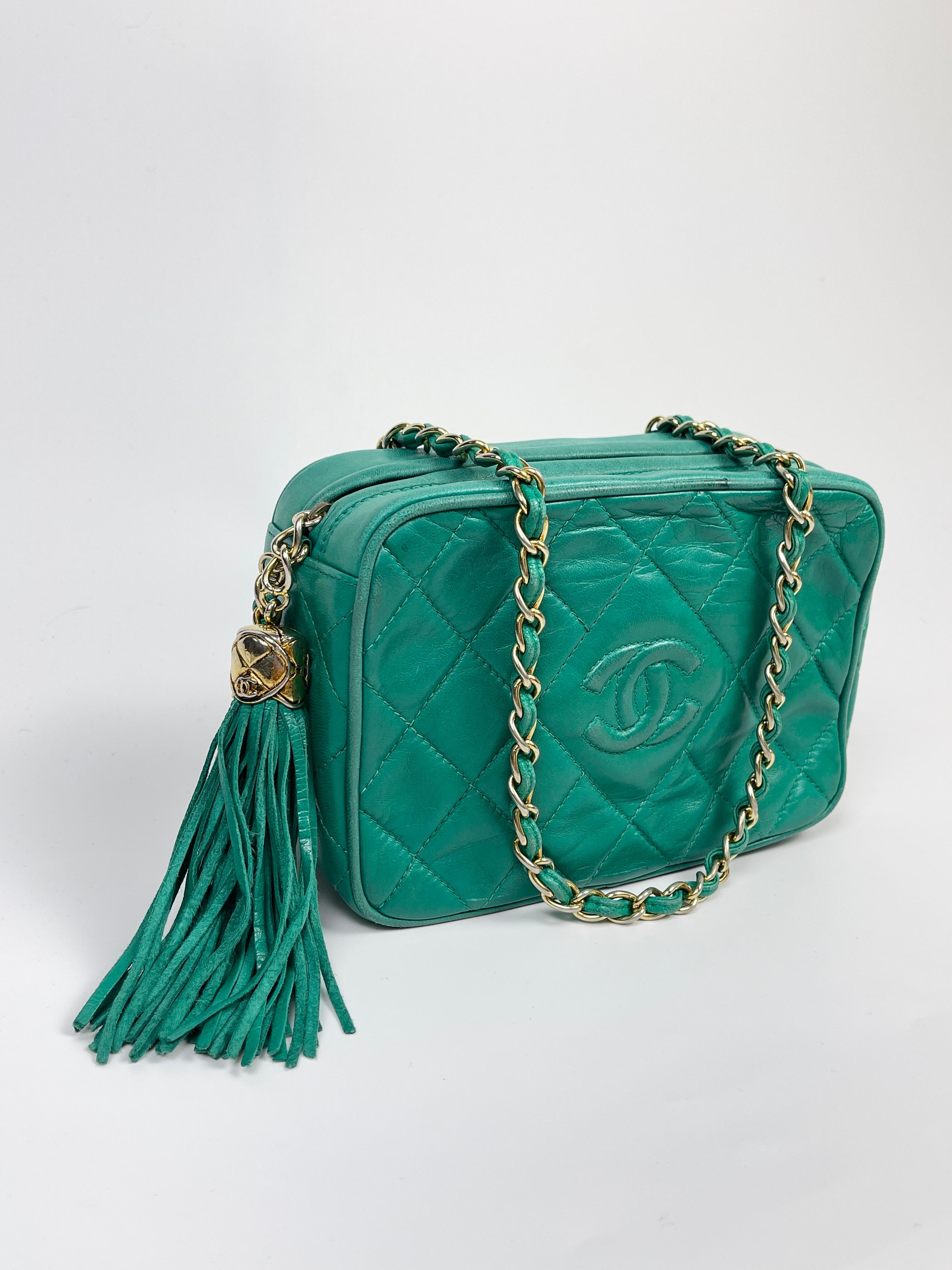 Chanel 1990's Green Lambskin Tassel Caviar CC Pocket Camera Bag 1