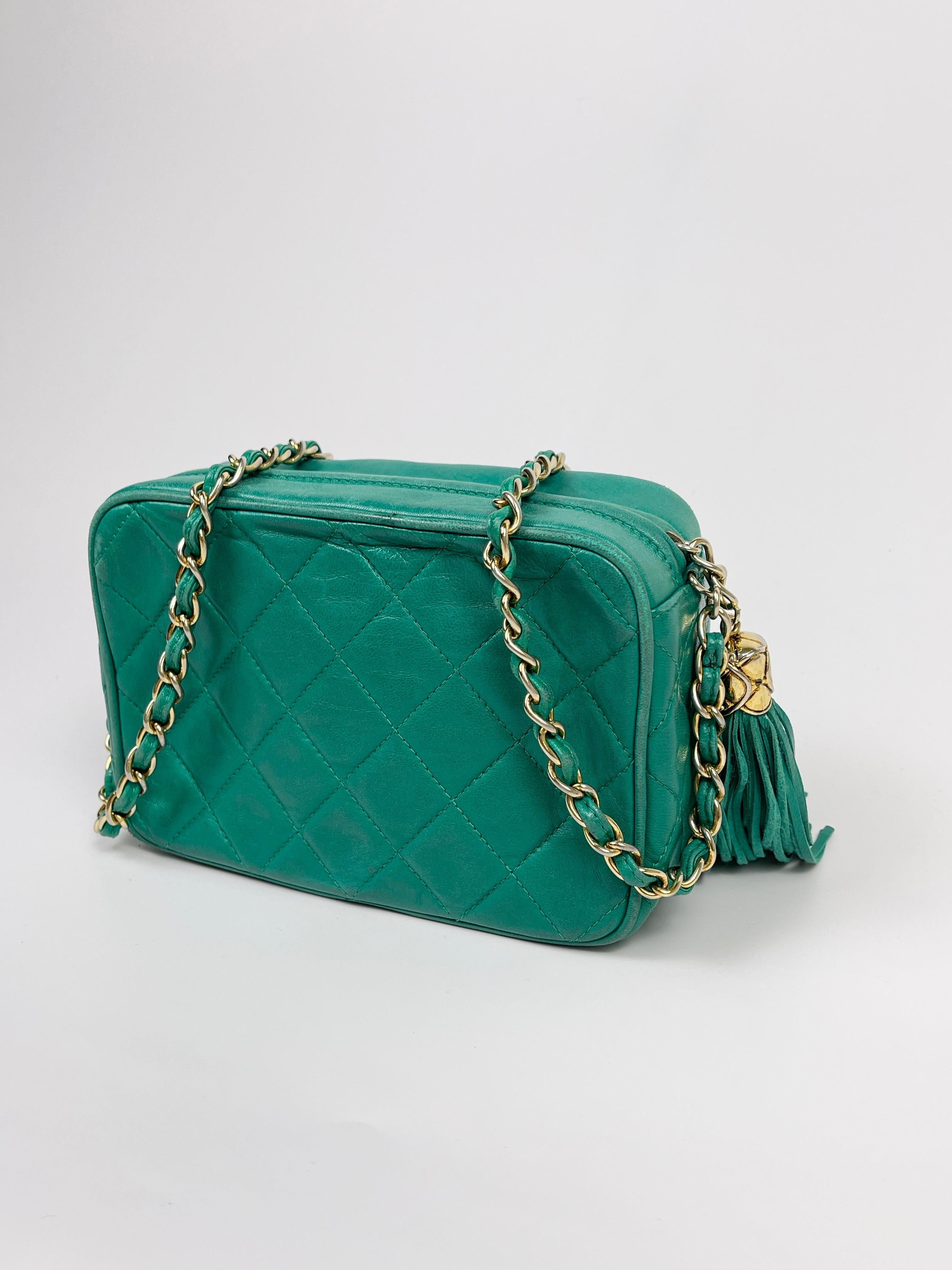 Chanel 1990's Green Lambskin Tassel Caviar CC Pocket Camera Bag 3