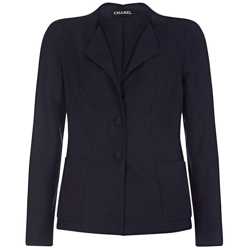 Chanel 1990s Haute Couture Navy Silk and Linen Blend Blazer