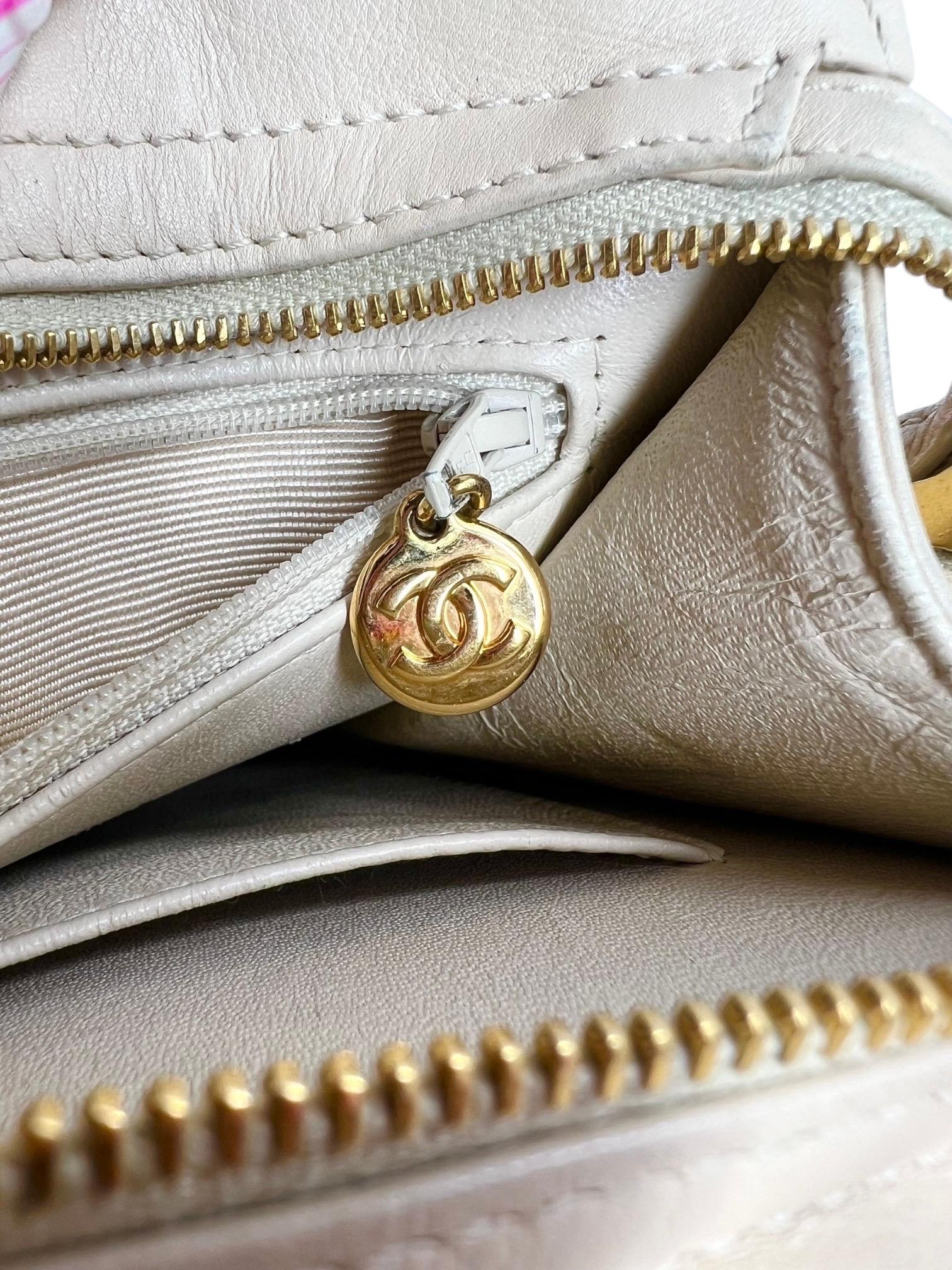 Beige Chanel 1990s Ivory Lambskin Shoulder Bag with Tonal Embroidered Logo For Sale