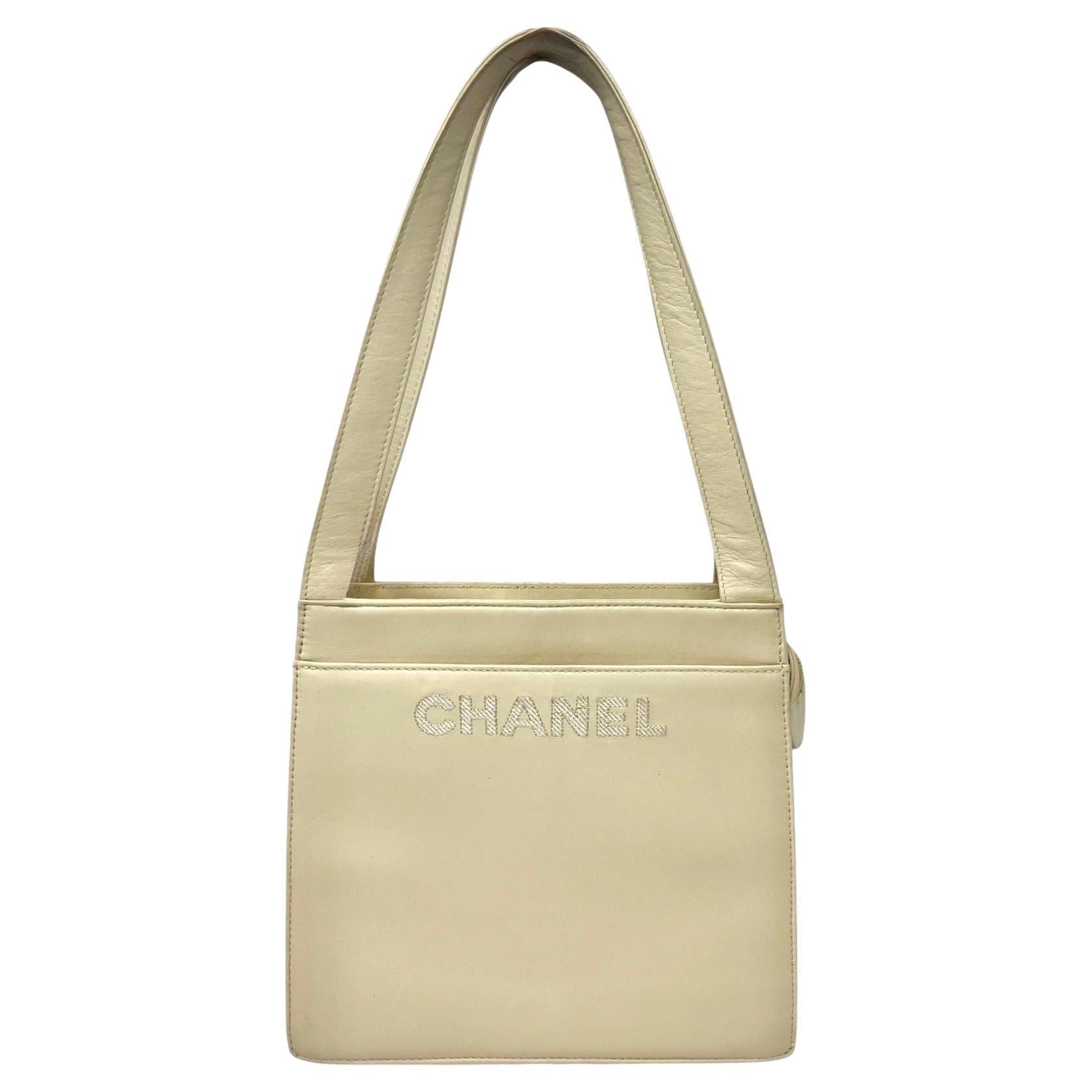 Chanel 1990s Ivory Lambskin Shoulder Bag with Tonal Embroidered Logo For Sale