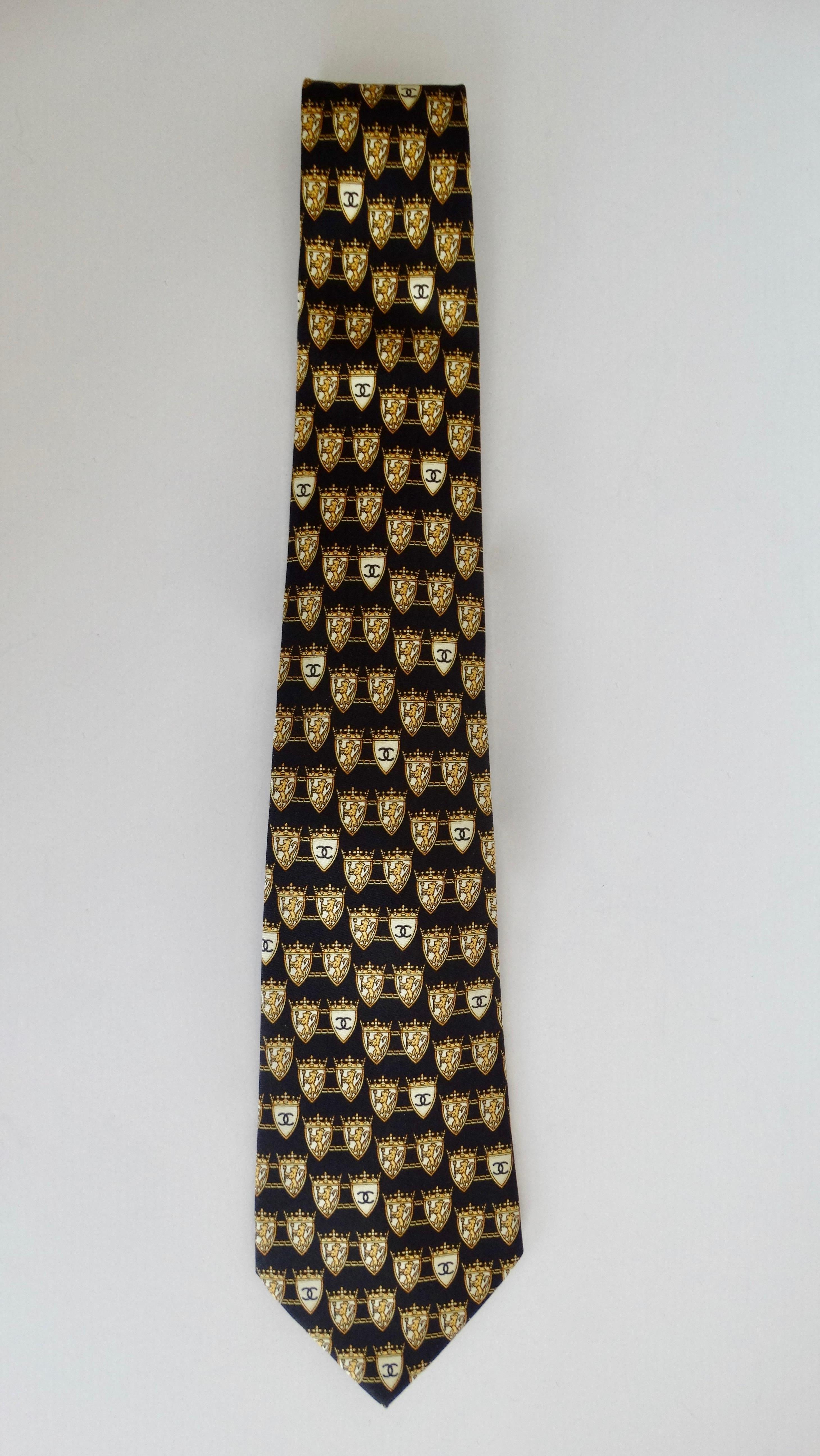 Black Chanel 1990s Lion & 'CC' Crest Silk Tie
