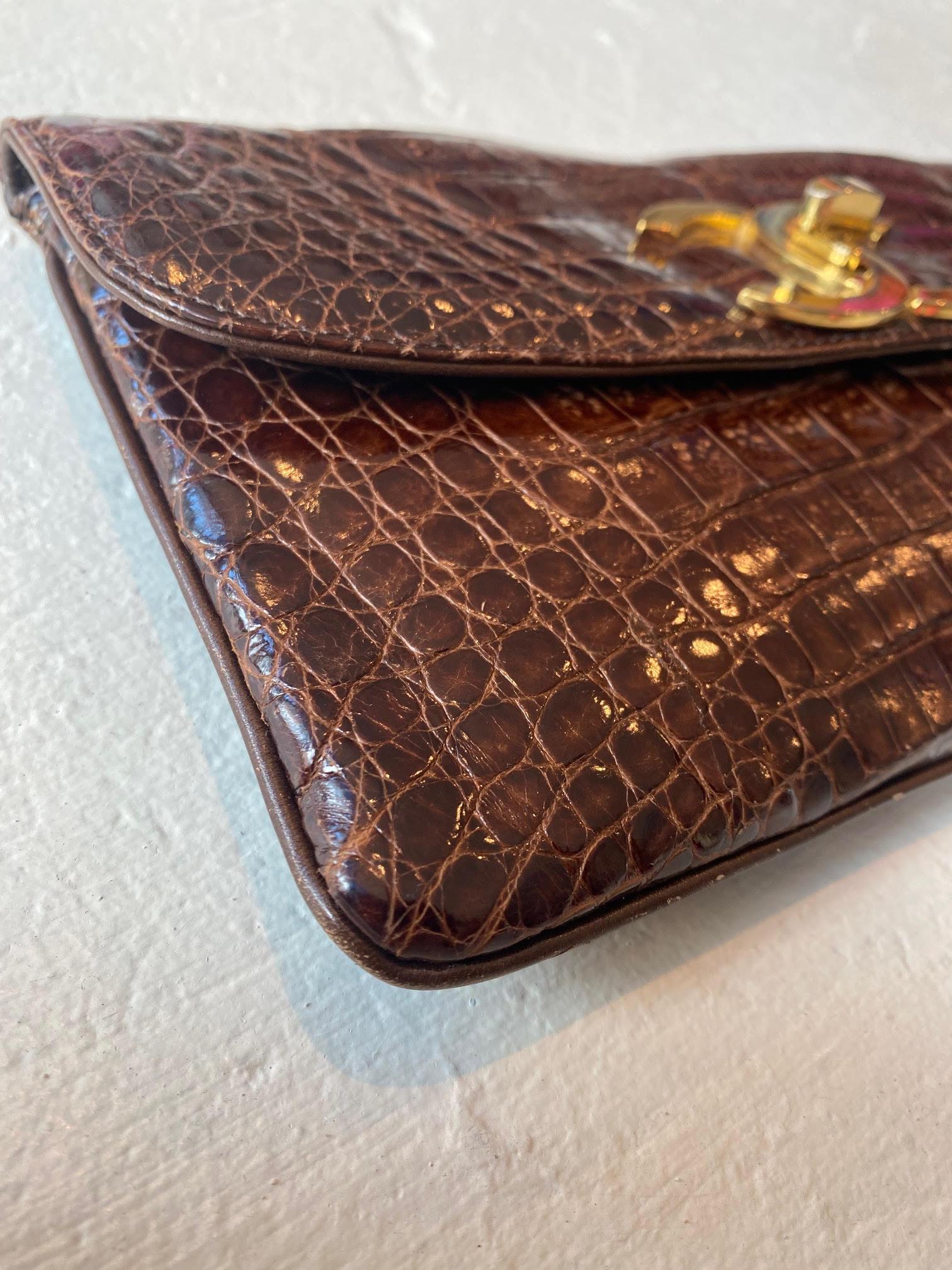 Chanel 1990's NEW brown crocodile envelope clutch For Sale 1