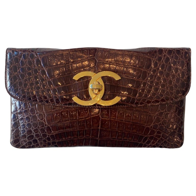 Chanel 1990's NEW brown crocodile envelope clutch For Sale at 1stDibs