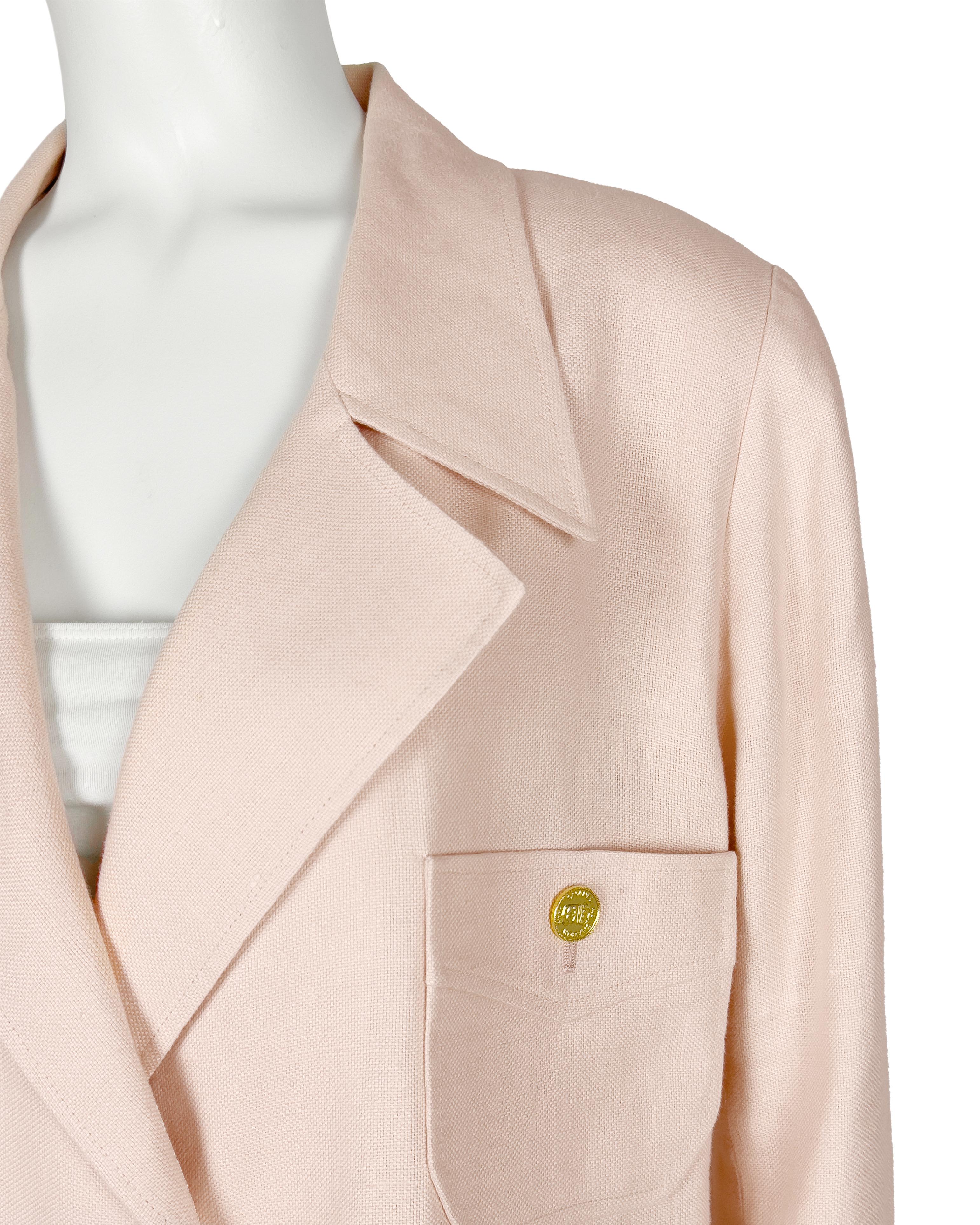 Giacca Chanel anni '90 in stile bomber in lino rosa pallido In condizioni buone in vendita a Toronto, Ontario