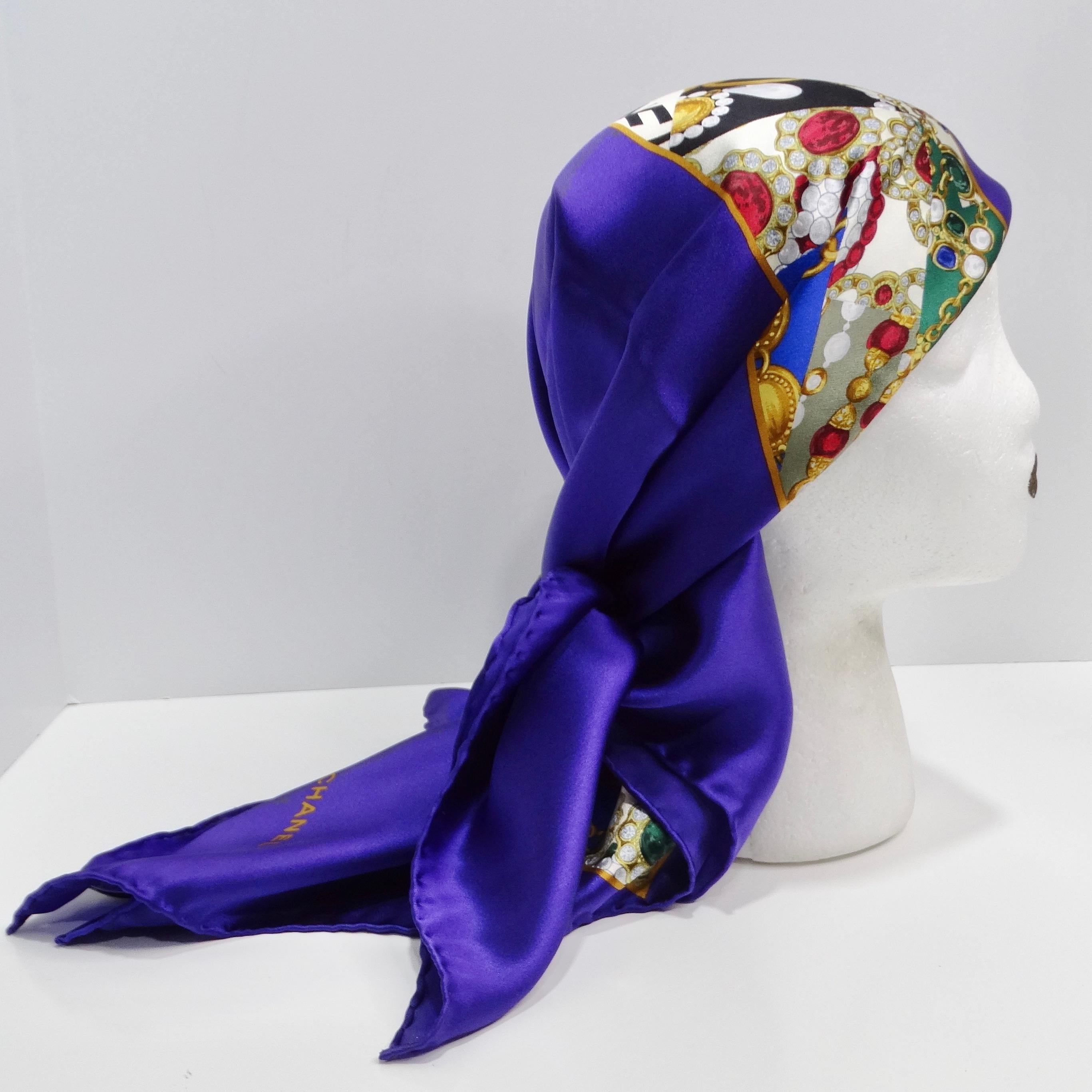 The Chanel 1990s Purple Logo Printed Silk Scarf is a luxurious accessory that epitomizes the elegance and sophistication of the Chanel brand. Crafted from sumptuous silk, this scarf features a vibrant purple background that adds a rich and regal