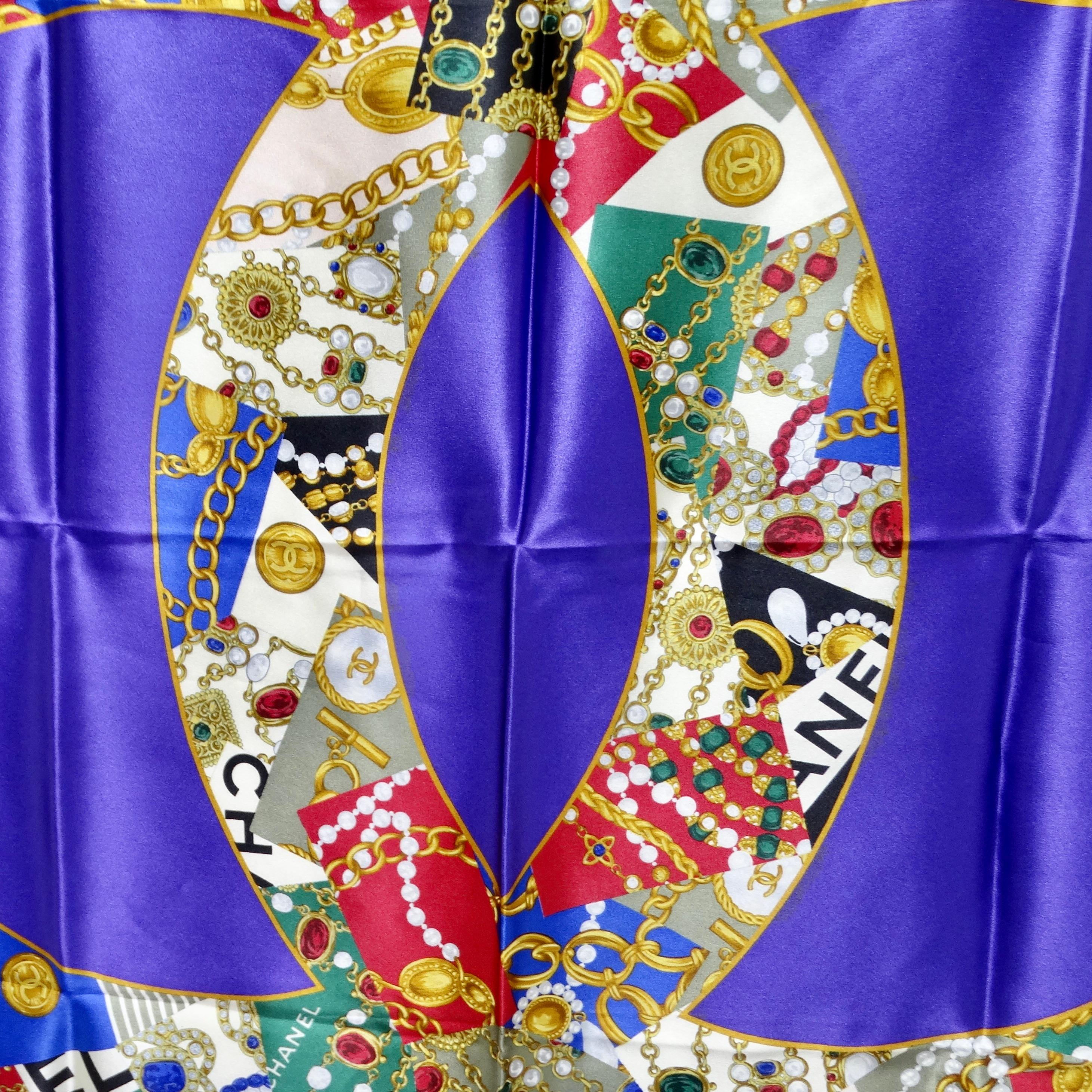 Chanel 1990s Purple Logo Printed Silk Scarf In Excellent Condition For Sale In Scottsdale, AZ
