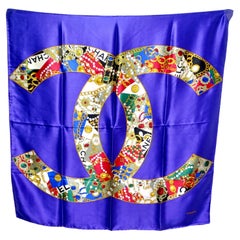 Retro Chanel 1990s Purple Logo Printed Silk Scarf