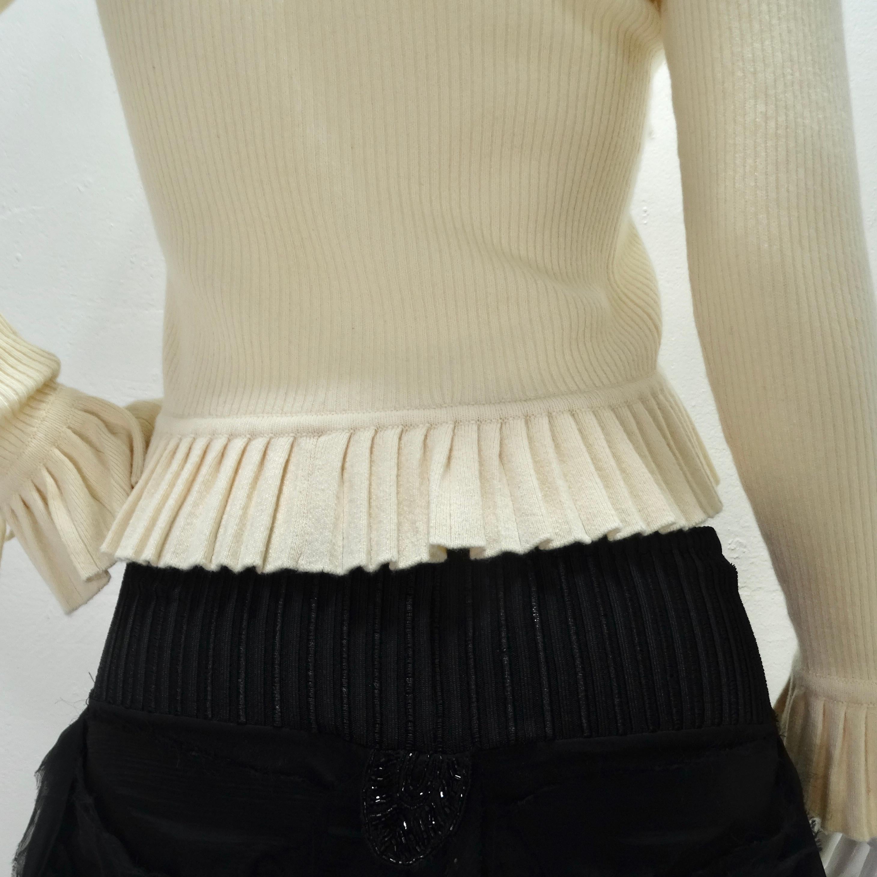 Chanel 1990s Ruffle Trim Tie Knit Cashmere Sweater  For Sale 6