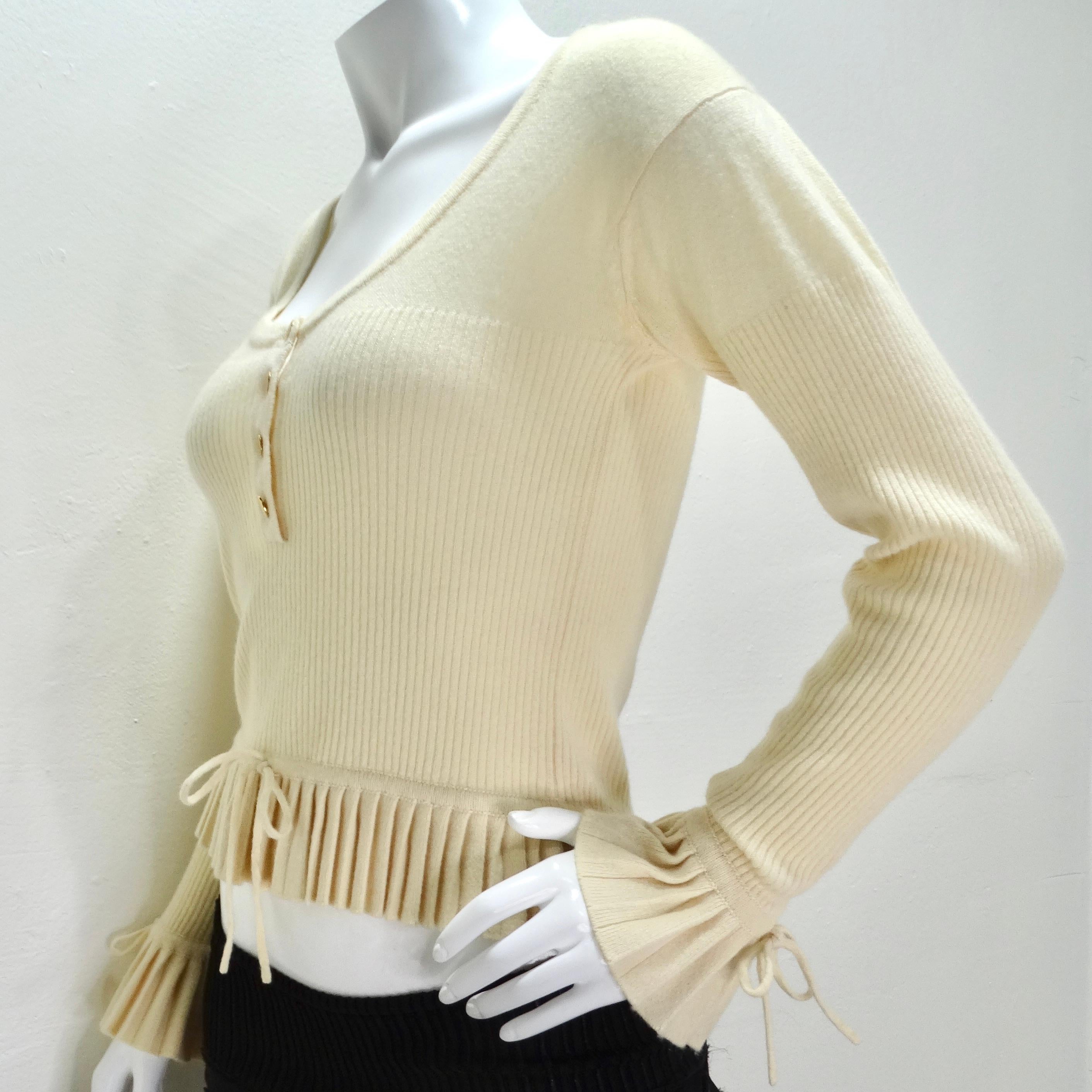 Chanel 1990s Ruffle Trim Tie Knit Cashmere Sweater  For Sale 7