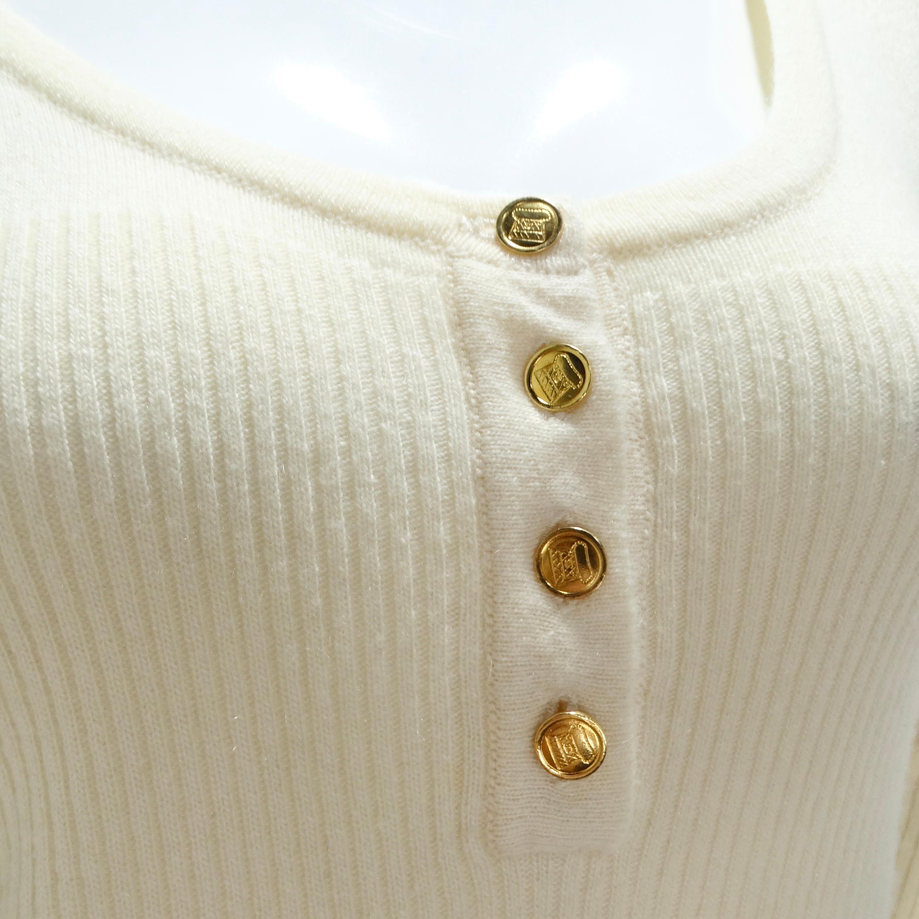 Beige Chanel 1990s Ruffle Trim Tie Knit Cashmere Sweater For Sale