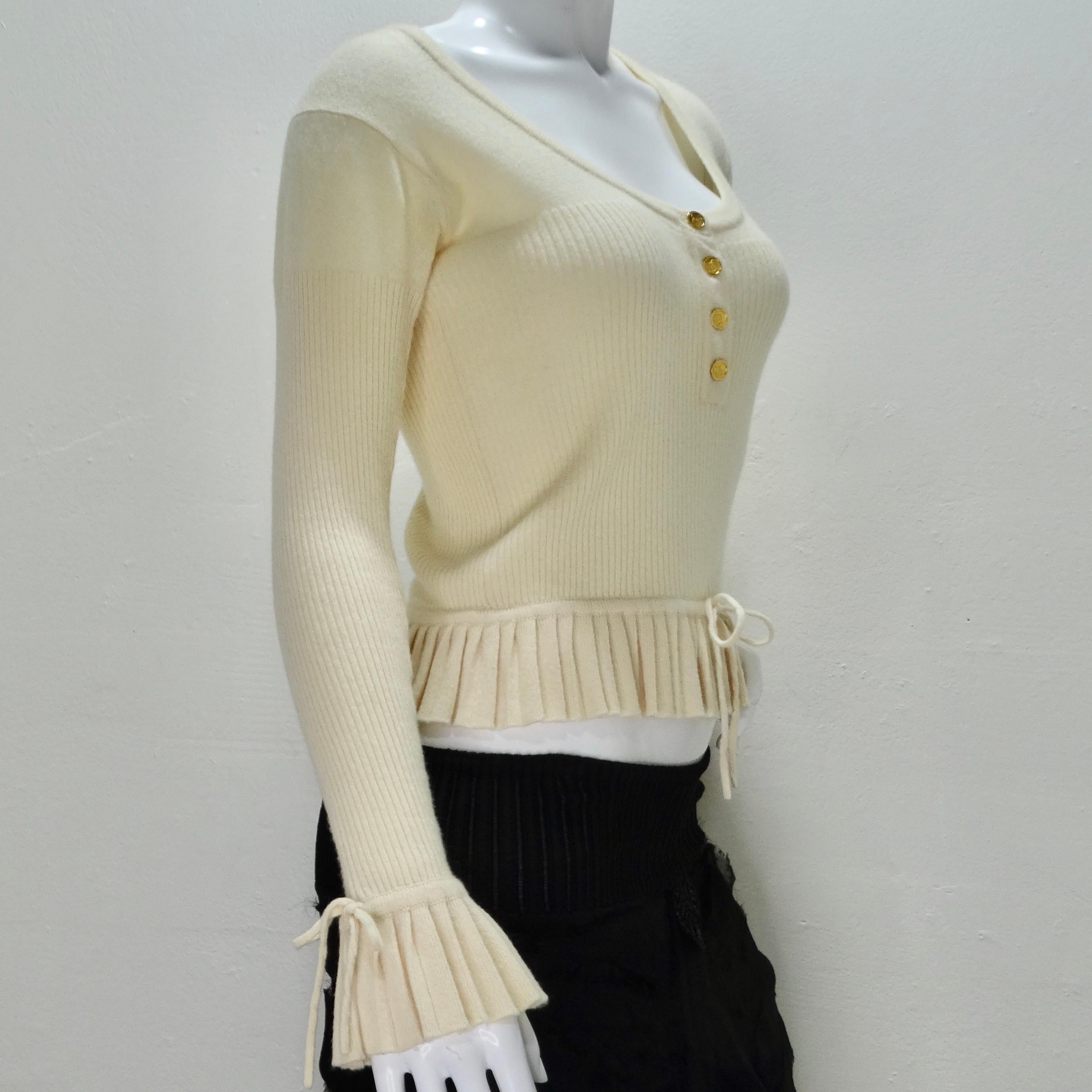 Chanel 1990s Ruffle Trim Tie Knit Cashmere Sweater  For Sale 3