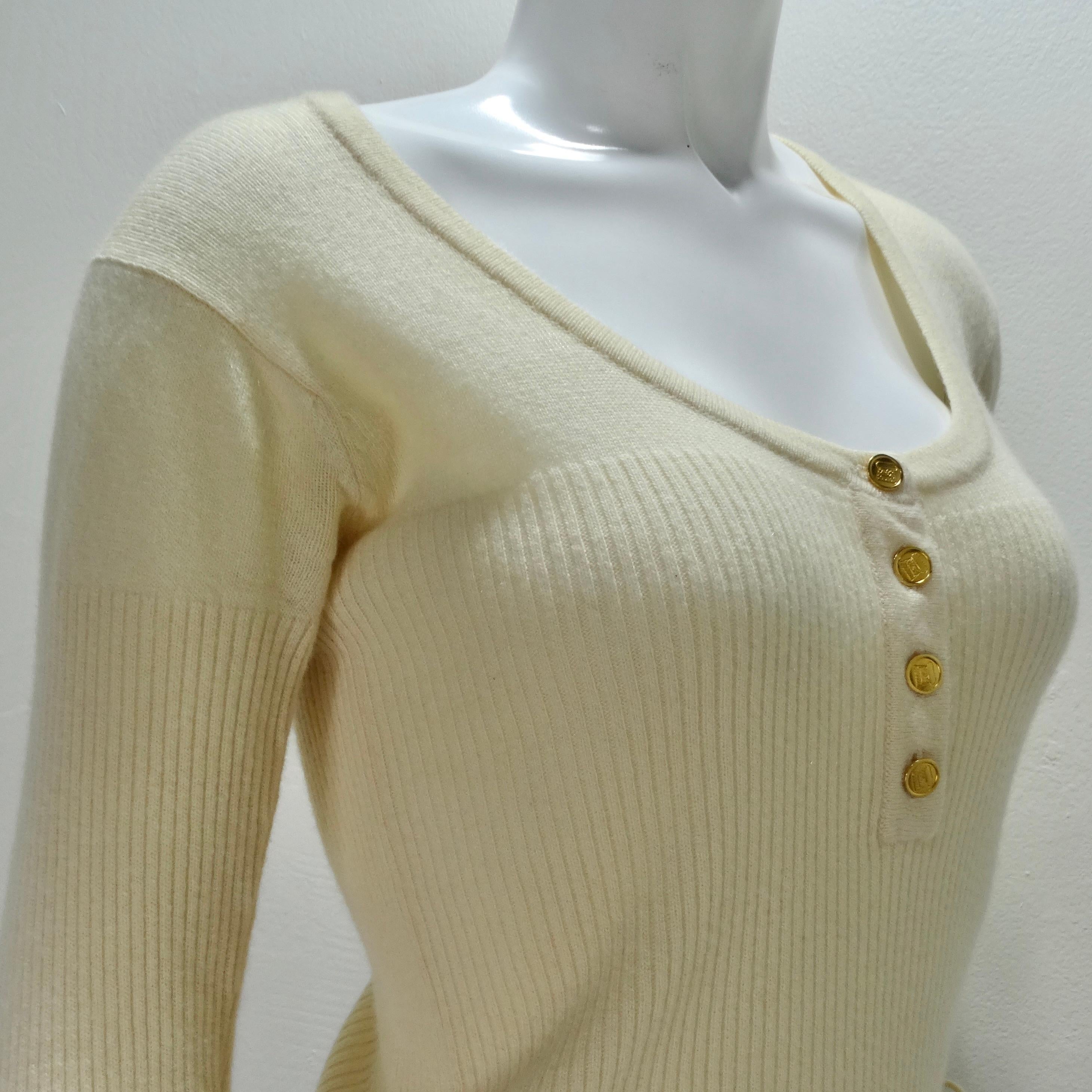 Chanel 1990s Ruffle Trim Tie Knit Cashmere Sweater  For Sale 4