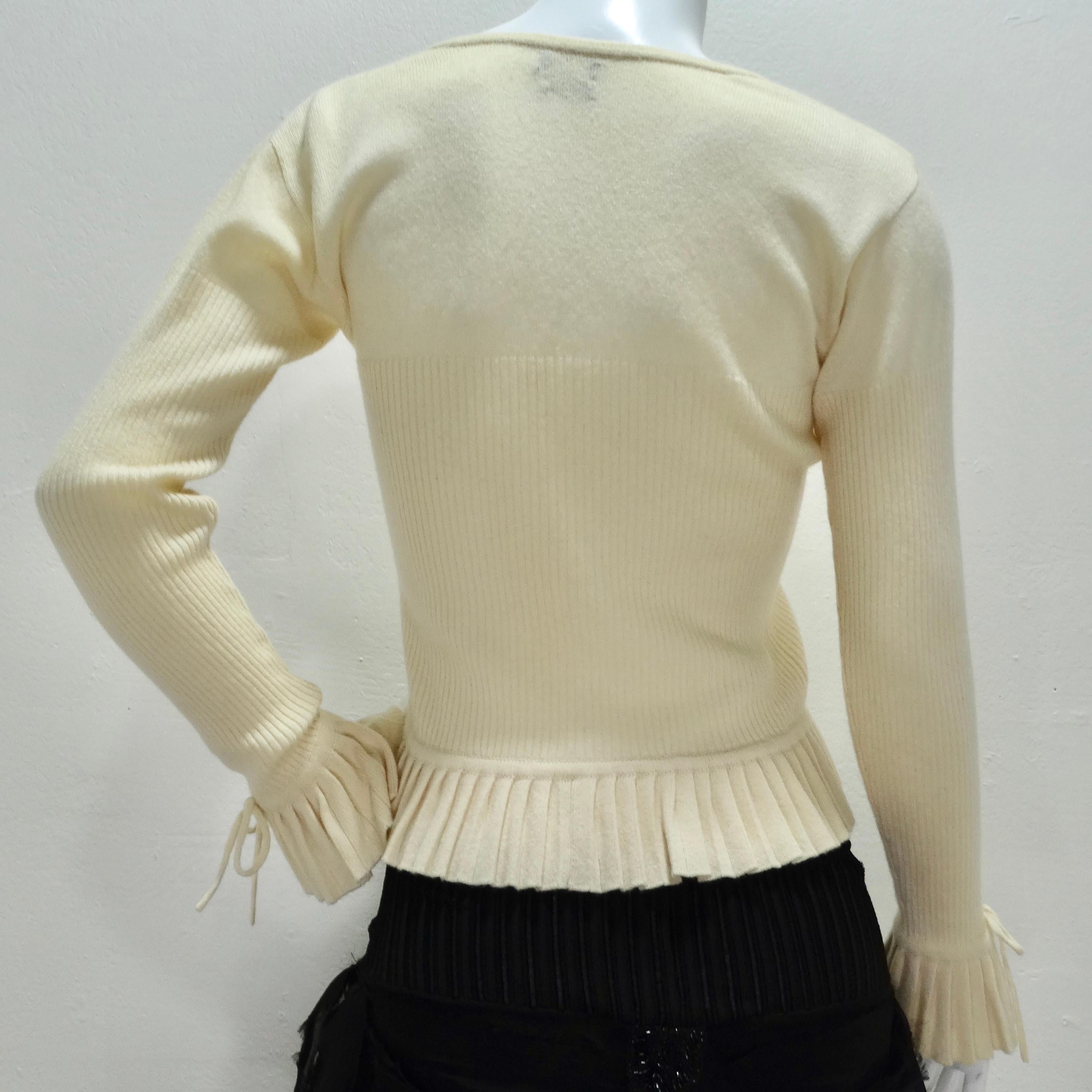 Chanel 1990s Ruffle Trim Tie Knit Cashmere Sweater  For Sale 5