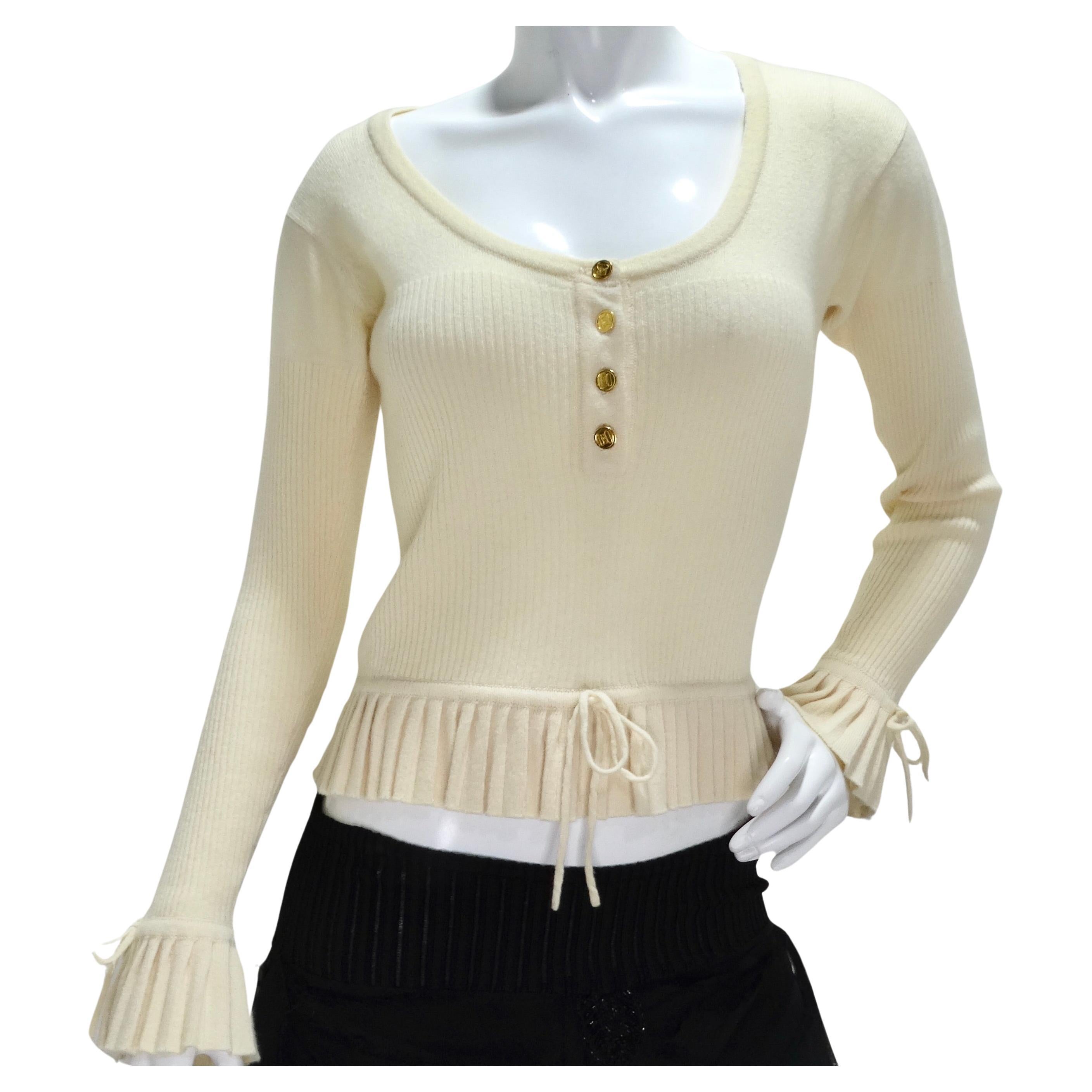 Chanel 1990s Ruffle Trim Tie Knit Cashmere Sweater  For Sale