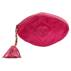 Chanel 1990s Sac Pochette Soie Cuir Rose CC Pink Satin Leather Tassel Clutch Bag