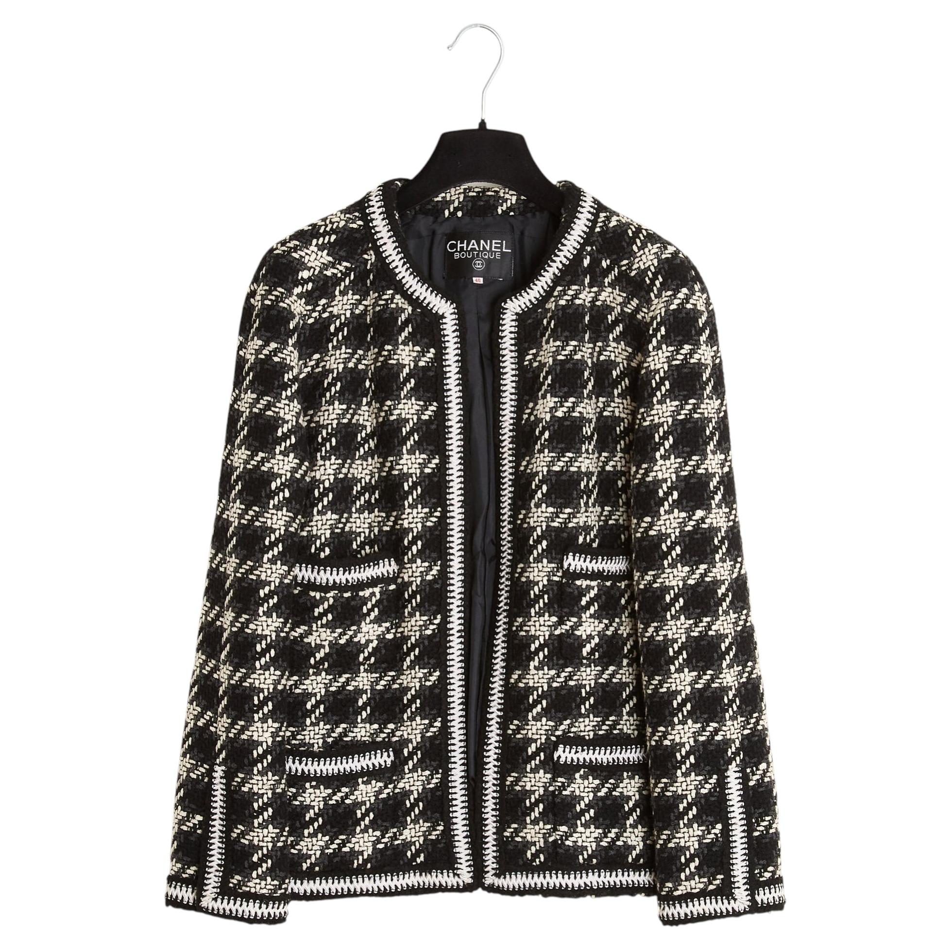 Chanel 1990s Veste Laine FR40 Black White Houndstooth Iconic Jacket UK12 US10
