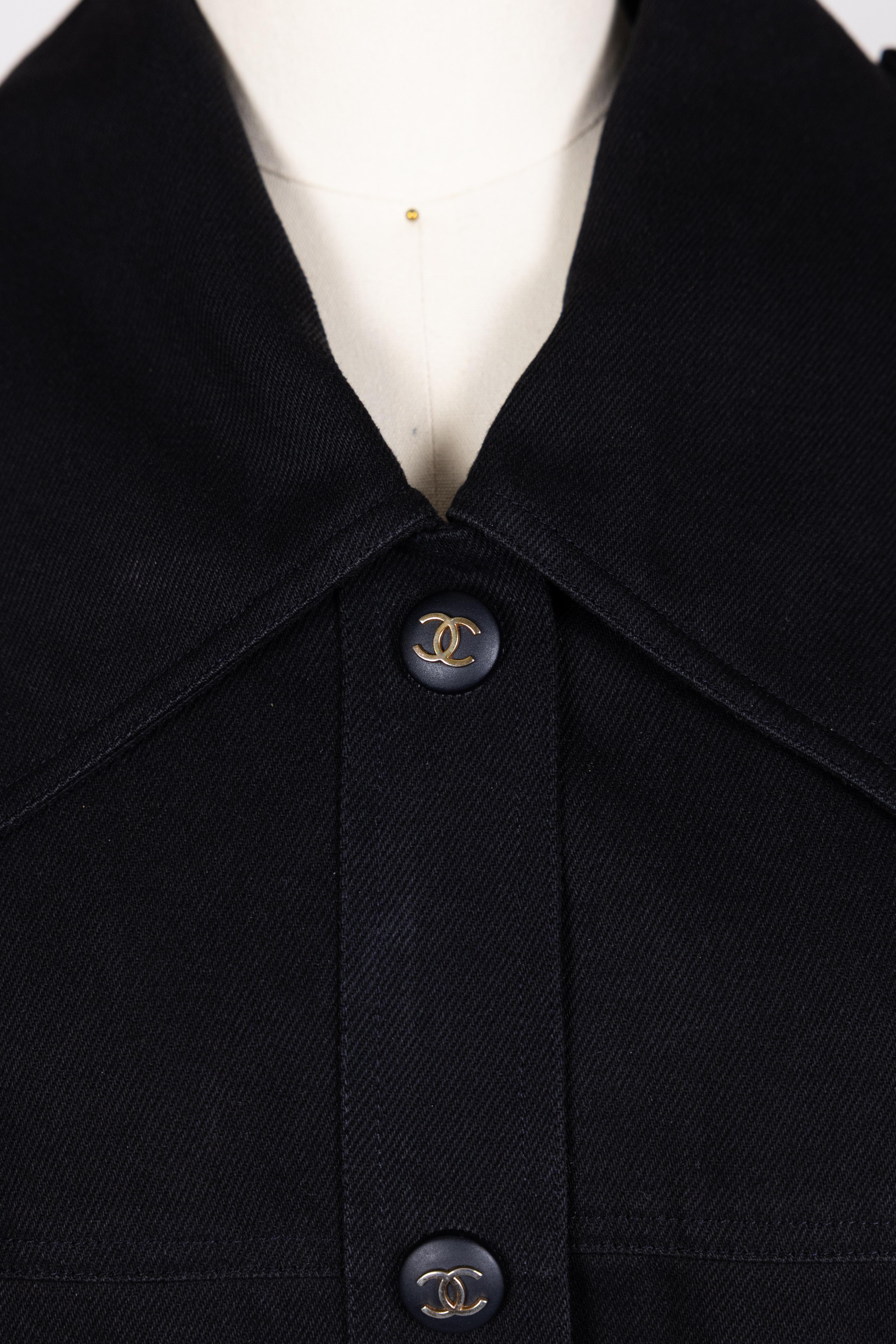 Chanel 1990s Vintage Black Denim Jacket For Sale 1