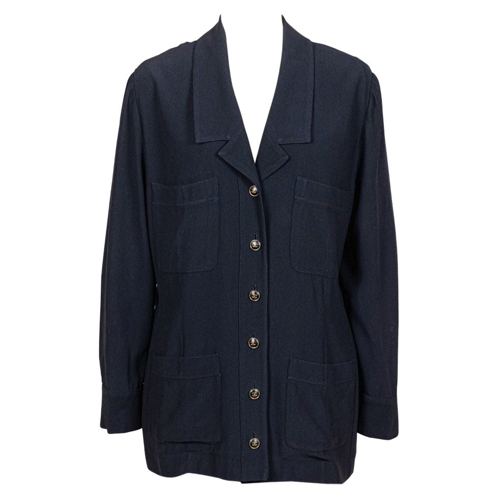 Chanel 1990s Vintage Black Silk Logo Buttons Top / Jacket
