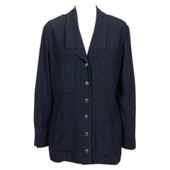 Chanel 1990s Vintage Black Silk Logo Buttons Top / Jacket