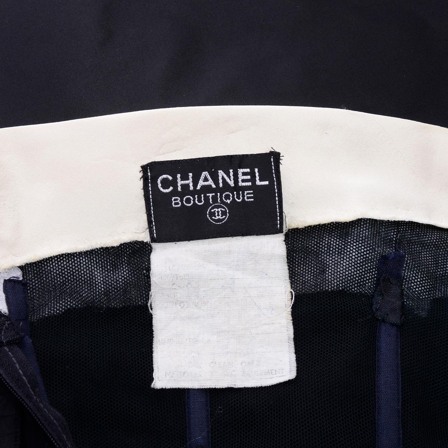 Chanel 1990's Vintage Black Strapless Tuxedo Style Dress W Ivory Silk Trim  6