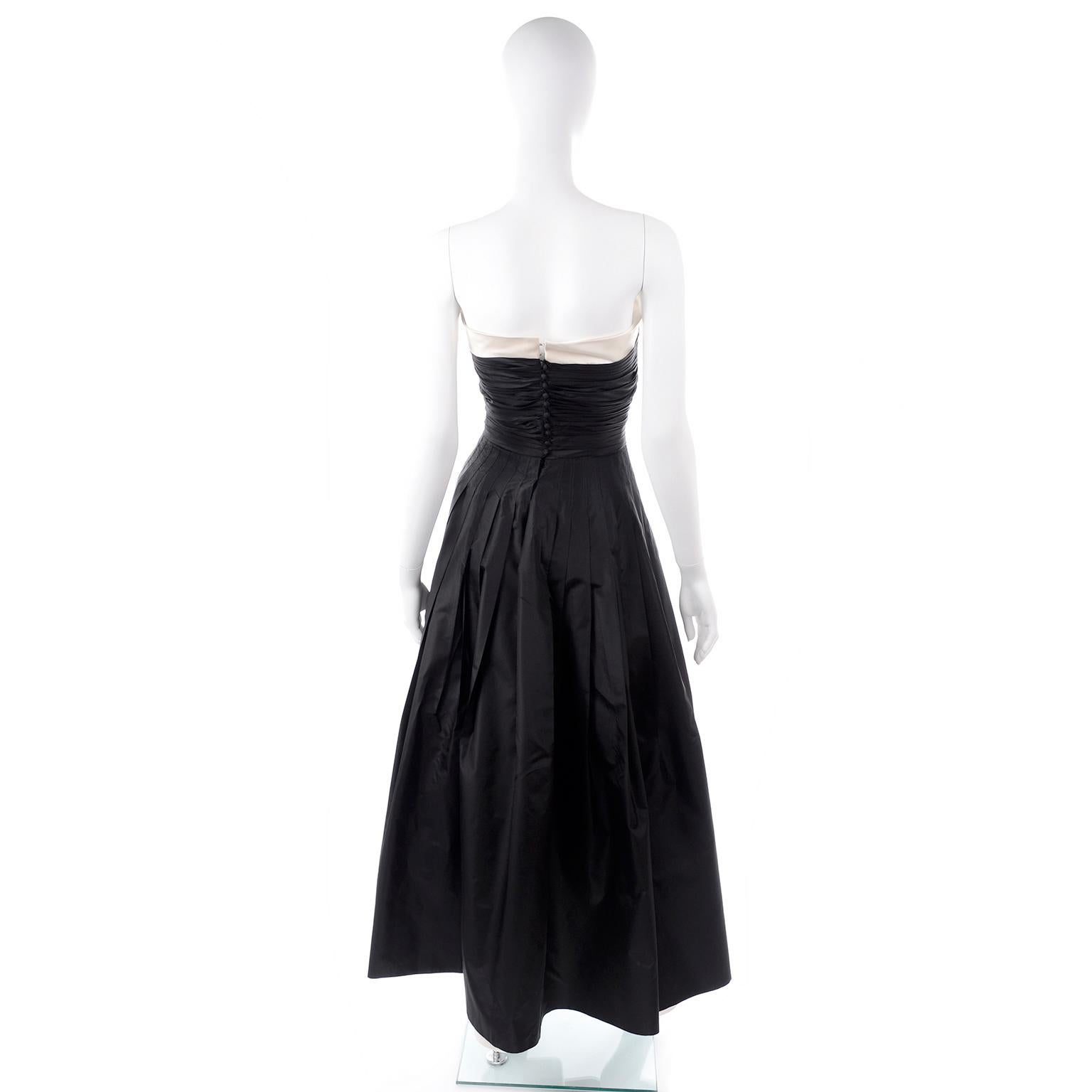 Chanel 1990's Vintage Black Strapless Tuxedo Style Dress W Ivory Silk Trim  In Excellent Condition In Portland, OR