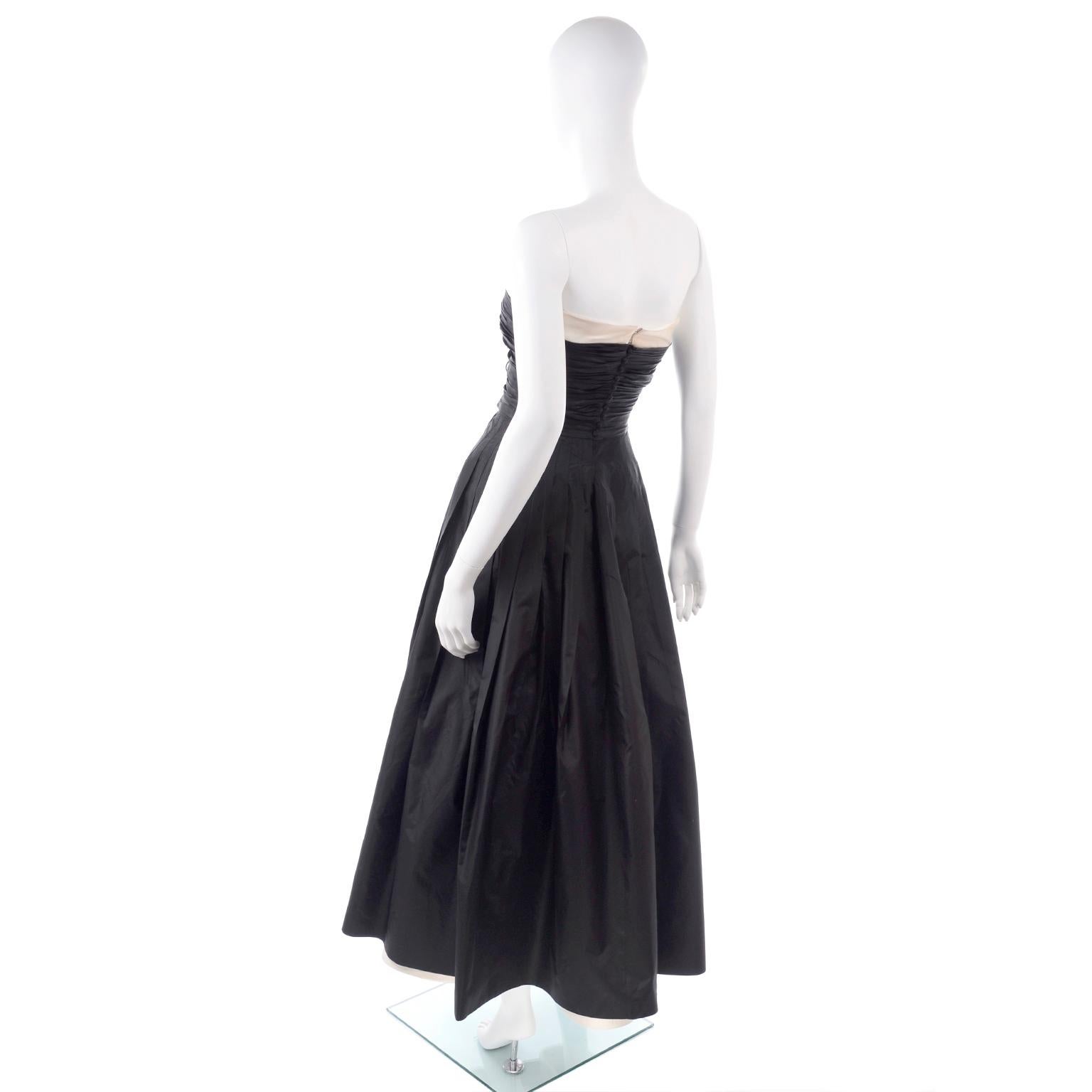 Women's Chanel 1990's Vintage Black Strapless Tuxedo Style Dress W Ivory Silk Trim 