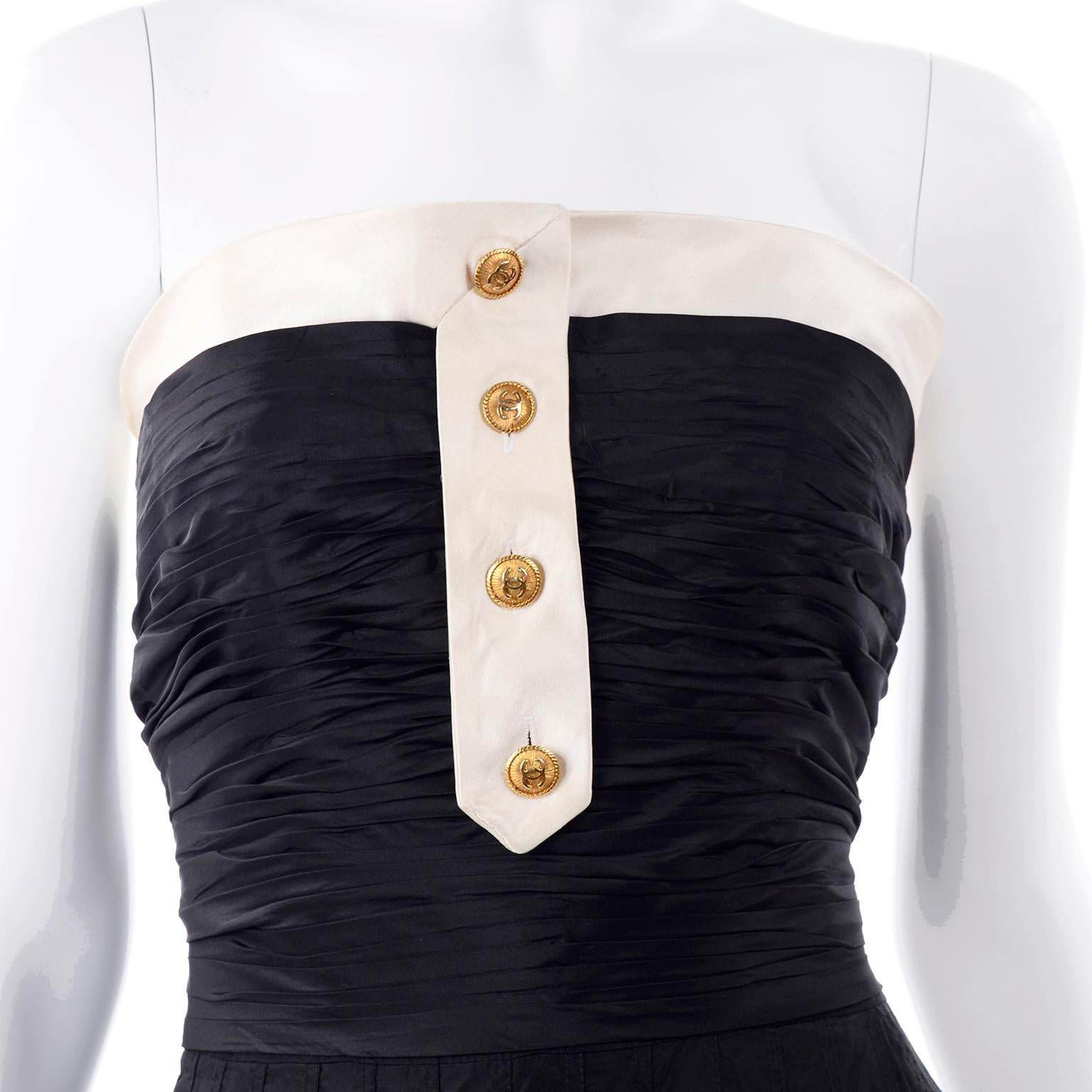 Chanel 1990's Vintage Black Strapless Tuxedo Style Dress W Ivory Silk Trim  1