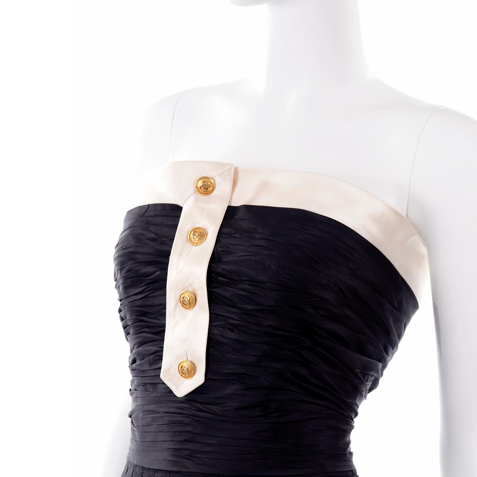 Chanel 1990's Vintage Black Strapless Tuxedo Style Dress W Ivory Silk Trim  2
