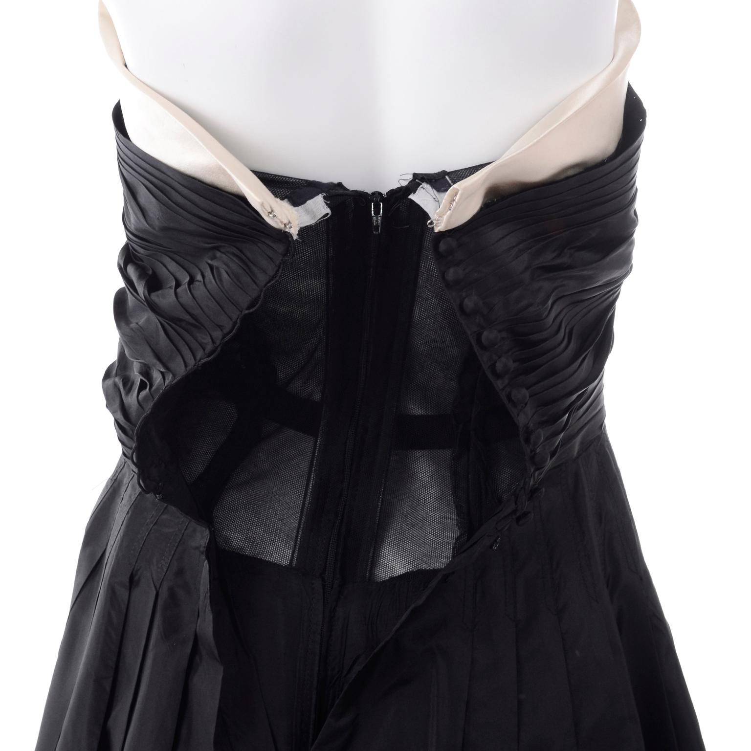 Chanel 1990's Vintage Black Strapless Tuxedo Style Dress W Ivory Silk Trim  5