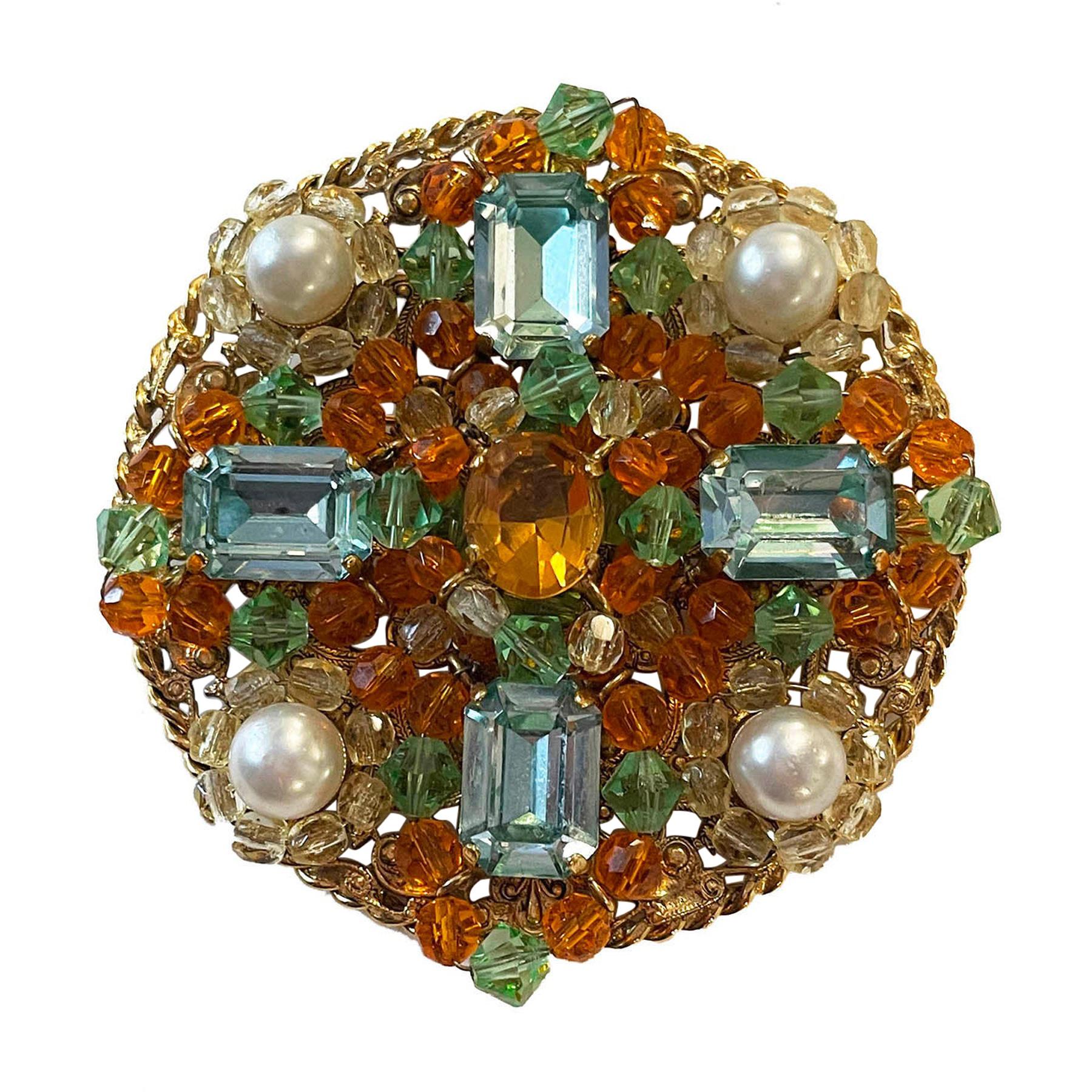 Chanel 1990s Vintage Blue/Orange Stone Brooch/Pendant w/ Faux Pearls  