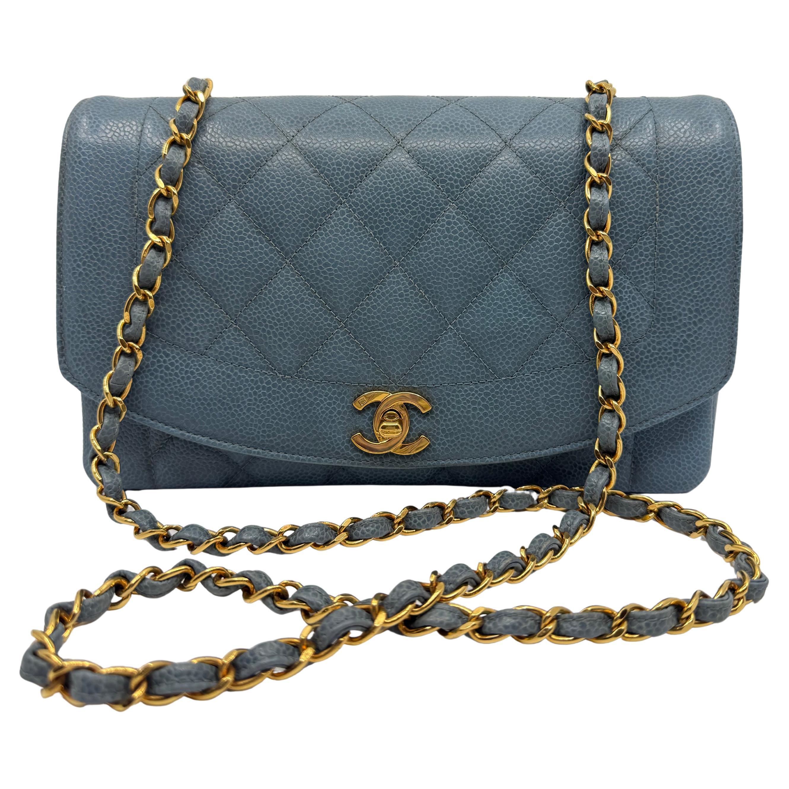 Chanel 1990 Vintage Diana Baby Blue Caviar Medium Classic Flap Bag