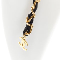 CHANEL 1990's Vintage gold chain leather interwoven link CC charm belt