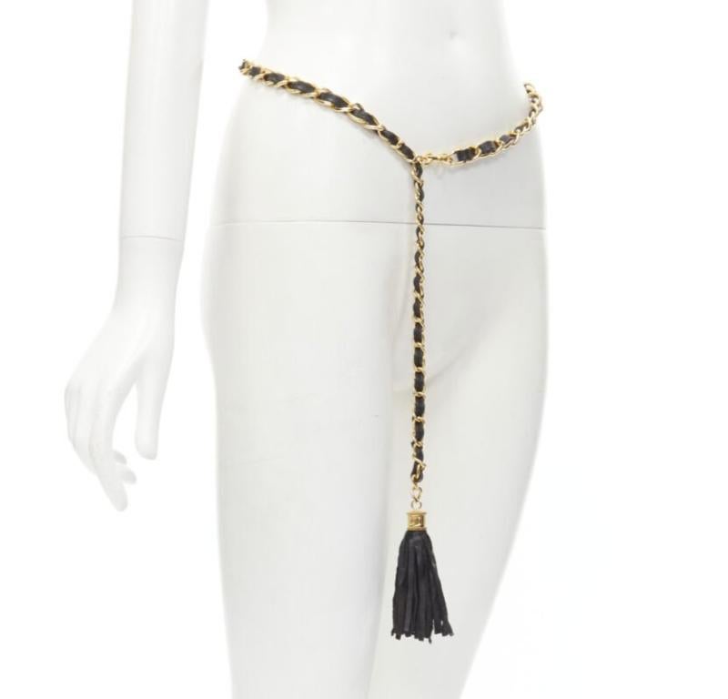 Gray CHANEL 1990's Vintage gold chain leather interwoven link tassel charm belt