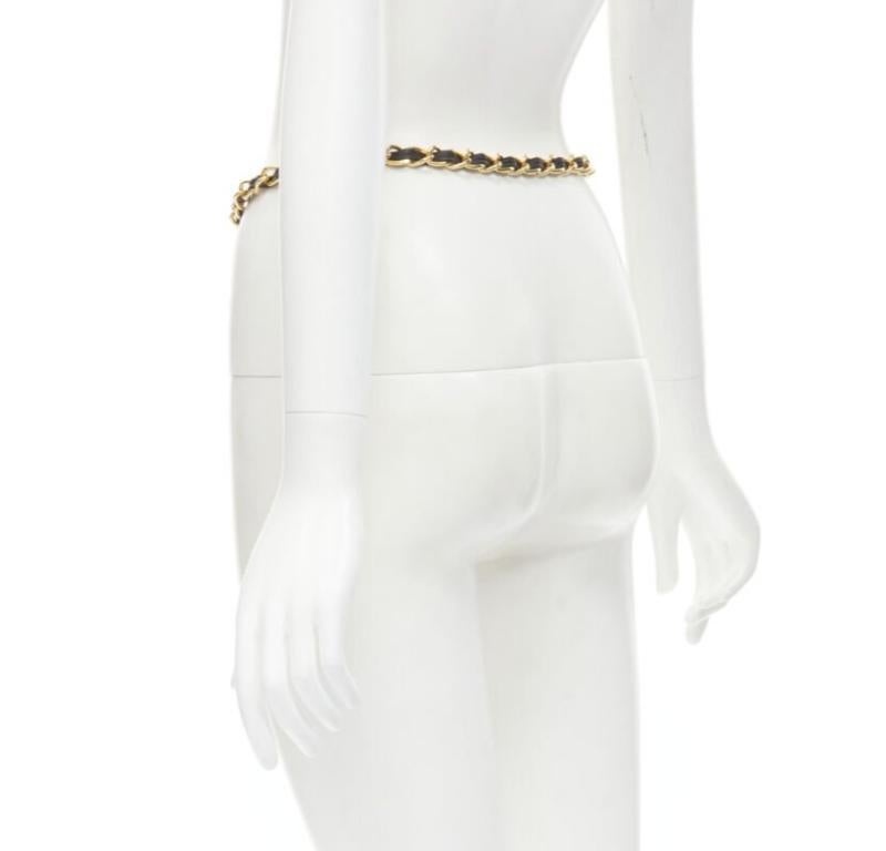 CHANEL 1990's Vintage gold chain leather interwoven link tassel charm belt 1